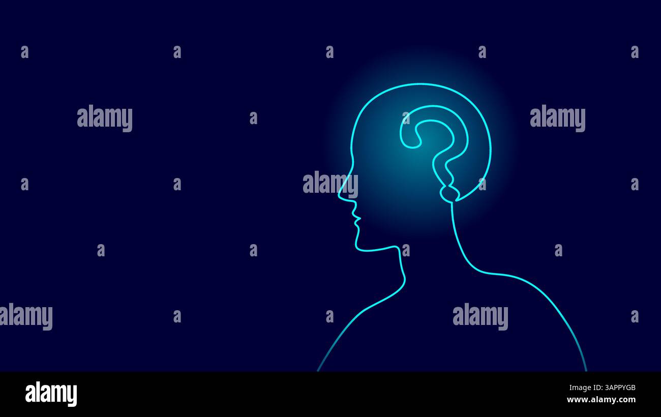 Fortlaufende Linienführung mit menschlichem Kopf. Fragezeichen im Gehirn repräsentieren Ideenkonzept. Geeignet für Psychologie Business Marketing und Werbung Stock Vektor