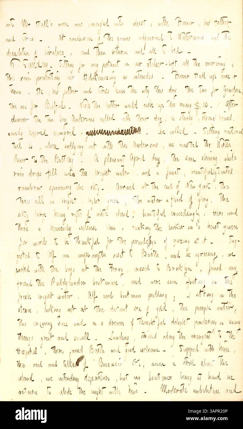 Thomas Butler Gunns Tagebucheintrag vom 5. Bis 6. April 1851 gibt Einblicke in seinen Besuch bei William Barth mit Alfred Waud auf Governors Island. Der Eintrag beschreibt soziale Interaktionen, Whistspiele, einen Besuch bei Watermans und einen Tag im Porträtsitzen. Die tägliche Lebensdauer und Aktivitäten der Periode werden in diesem detaillierten Konto erfasst. Stockfoto
