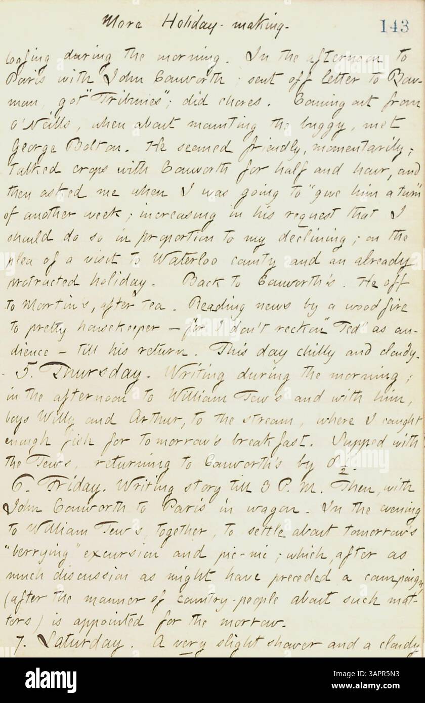 In diesem Band dokumentiert Gunn seine Besuche in Militärlagern und sozialen Einrichtungen in New York City während des Bürgerkriegs. Seine Tagebucheinträge beschreiben soziale Interaktionen, Familienereignisse und seine Reise nach Paris, Ontario. Das Tagebuch zeigt auch wichtige Momente, wie einen Empfang zu Ehren von Sally Edwards und Thomas Nasts Hochzeit. Stockfoto