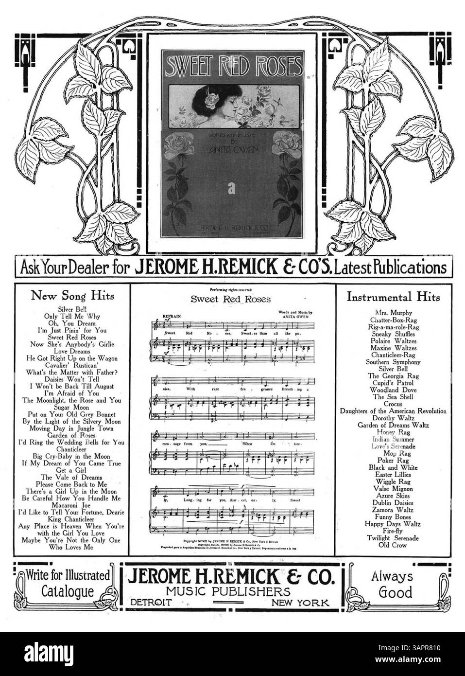 Das Lied Withered Rose wurde von Jerome H. Remick & Co. Mit der Nummernschild 8740 veröffentlicht. Auf der Innenseite des Covers wird „neueste Publikationen“ geworben und ein musikalischer Auszug aus „Sweet Red Roses“ enthalten. Auf der Rückseite befindet sich eine Anzeige für weitere Publikationen, die in Blau gedruckt wird, sowie ein musikalischer Auszug aus „Winter“. Stockfoto