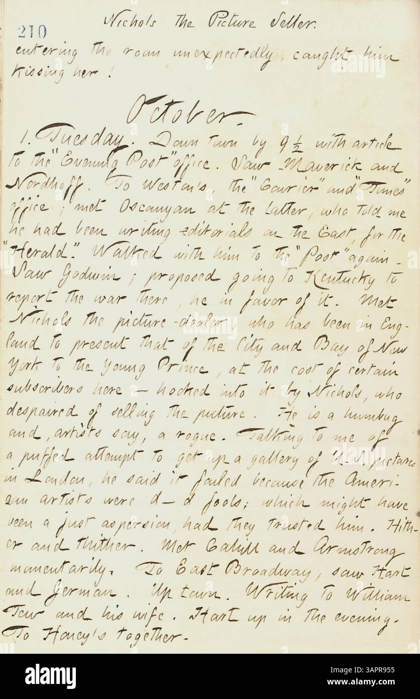 Dieser Band von Gunns Tagebuch enthält Reflexionen über das Leben während des Bürgerkriegs, mit einem Schwerpunkt auf New York City und seinen Reisen in Militärlager. Soziale Interaktionen, einschließlich der Teilnahme an einem Hochzeitsempfang und der Besuch von Familien, sind ebenfalls in seinem Konto prominent vertreten. Stockfoto