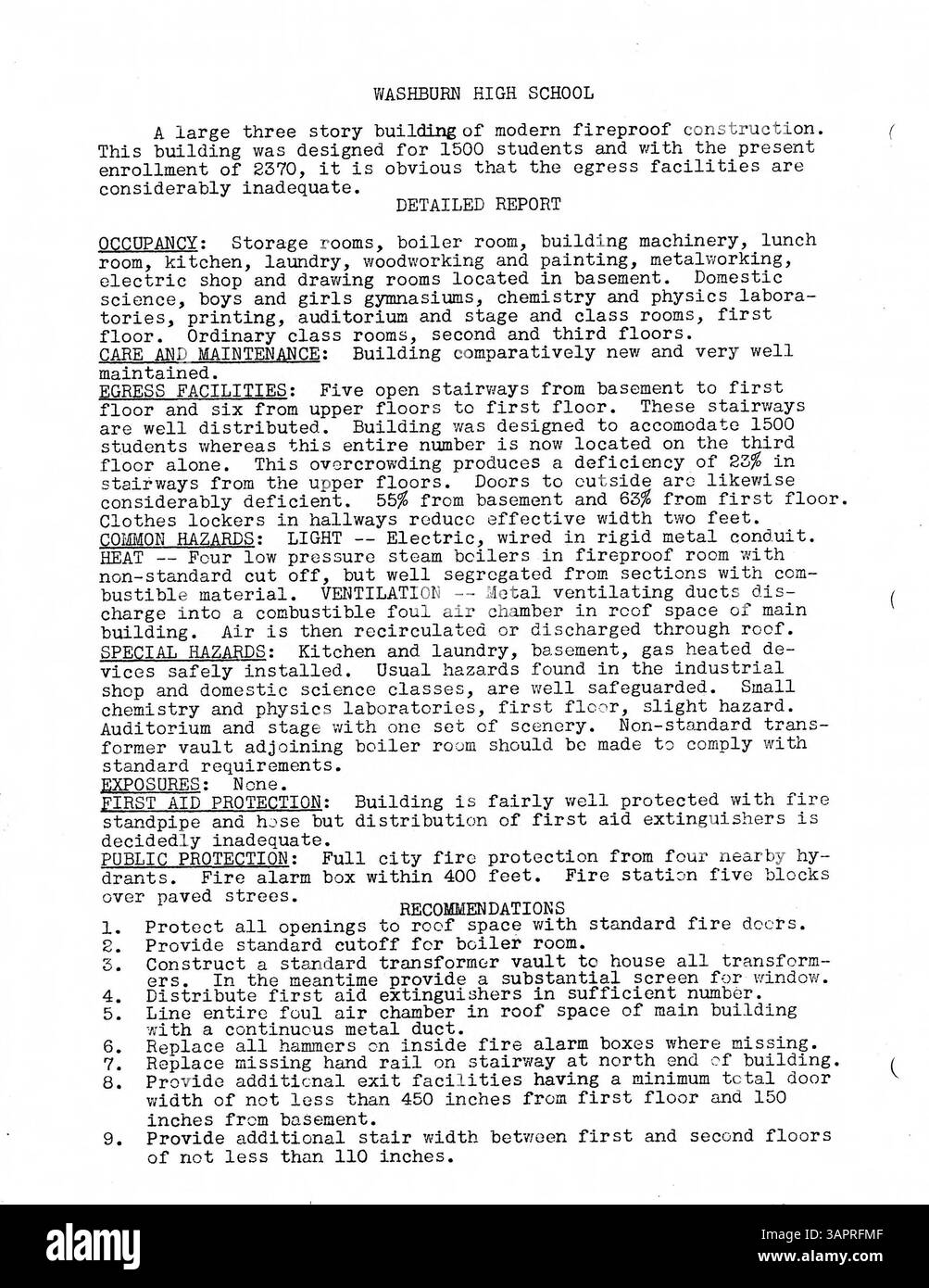 Der Brandschutzbericht für Minneapolis Public Schools vom 23. Februar 1933 enthält Inspektionsergebnisse des General Inspection Bureau. Es liefert Berichte über die Feuerversicherung, Baugeschichte, Pläne und Fotos. Updates zu vier neuen Schulen, Folwell, Ramsey, Sheridan und Miller Vocational, sind ebenfalls enthalten. Einige Innenaufnahmen sind Teil des Anhangs. Stockfoto