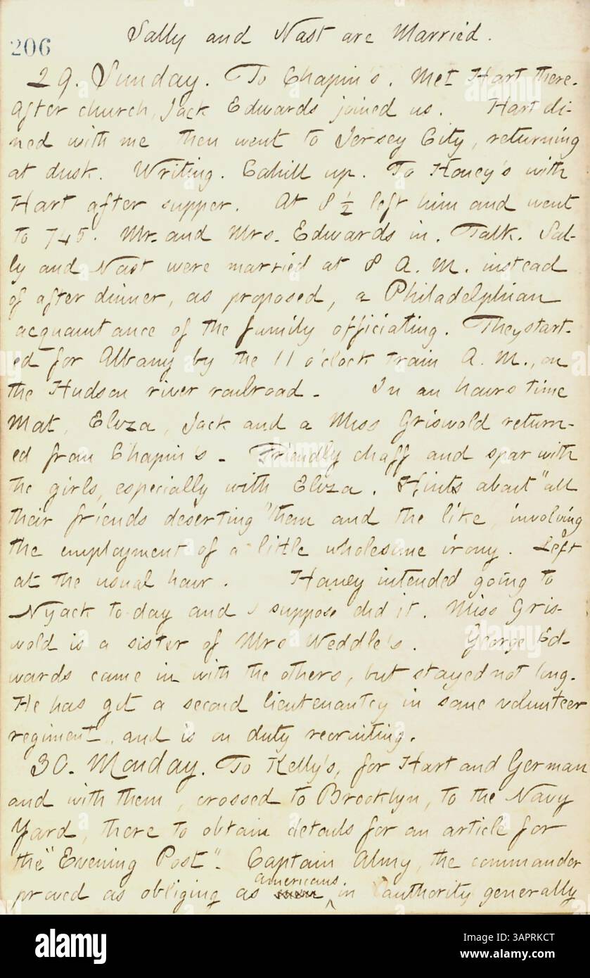 Dieser Eintrag in Thomas Butler Gunns Tagebuch vom 29. Bis 30. September 1861 beschreibt einen Besuch der Edwards-Familie, wobei er auf die Ehe von Sally Edwards und Thomas Nast sowie andere soziale Interaktionen und Ereignisse hinweist. Stockfoto