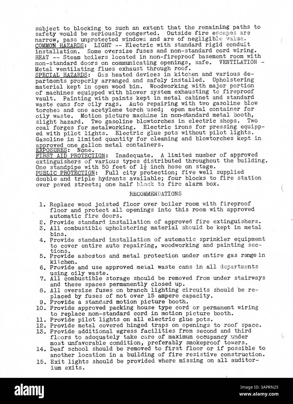 Der Fire Protection Engineering Report 1933 für die Minneapolis Public Schools enthält eine Inspektion durch das General Inspection Bureau. Sie liefert Berichte über die Feuerversicherung, Gebäudegeschichte, Pläne und Fotos für jedes Schulgebäude. Es enthält auch Details zu vier neuen Schulen, die nach 1931 fertiggestellt wurden: Folwell, Ramsey, Sheridan und Miller Vocational. Innenaufnahmen sind im Anhang zu finden. Stockfoto