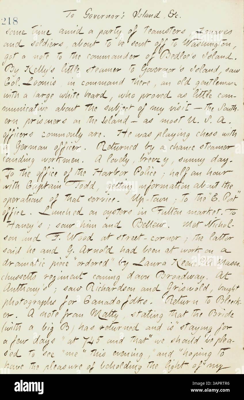 Dieser Band von Thomas Butler Gunns Tagebüchern vom 15. Juni bis 10. Oktober 1861 enthält seine Beobachtungen von New York während der ersten Tage des Bürgerkriegs. Er beschreibt seine Besuche in Militärlagern als Reporter für die New York Evening Post, das Leben in Pensionen und gesellschaftliche Veranstaltungen wie einen Hochzeitsempfang für Sally Edwards und Thomas Nast. Gunn berichtet auch von Besuchen in Rochester und Paris, Ontario. Stockfoto