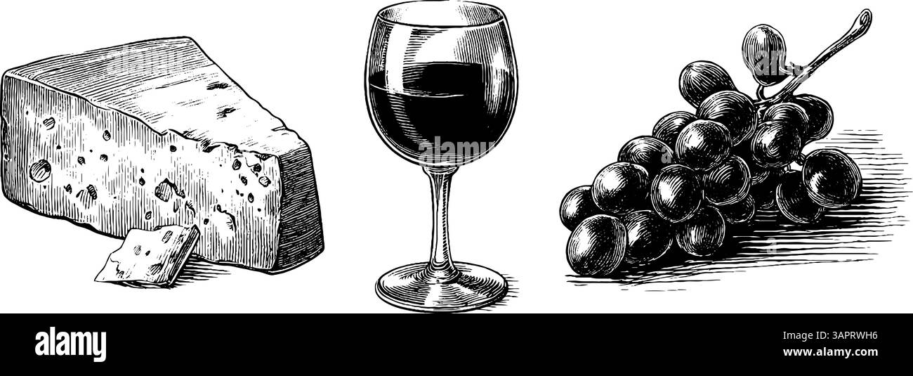 Vintage-gravierte Illustration von Käsekeil und Weinflasche für kulinarisches Design. Stock Vektor