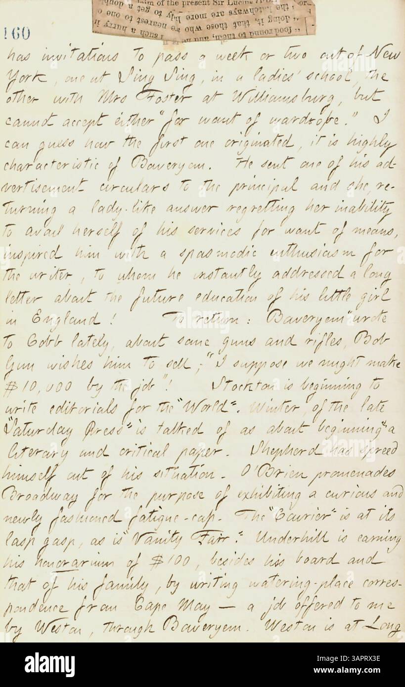 Thomas Butler Gunns Tagebuch beschreibt Ereignisse zwischen dem 15. Juni und dem 10. Oktober 1861 in den frühen Stadien des Bürgerkriegs. Es umfasst seine Beobachtungen in New York, Besuche in Militärlagern als Reporter, Erfahrungen in Pensionen, einen Hochzeitsempfang für Sally Edwards und Thomas Nast sowie gesellschaftliche Besuche in Rochester und Paris, Ontario. Das Tagebuch wird von Gunn als Band 19 bezeichnet. Stockfoto