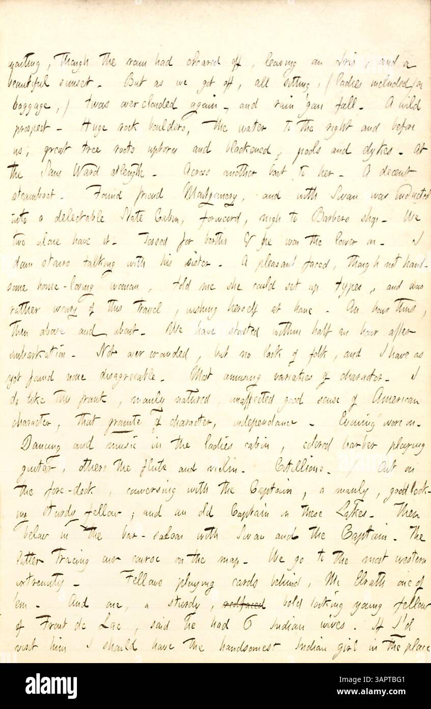 Thomas Butler Gunns Tagebucheintrag vom 13. August 1853 beschreibt seine Ankunft an Bord des Dampfschiffes Sam Ward und seine Reise über den Lake Superior. Er beschreibt das Wetter, die Landschaft und seine Interaktionen mit anderen Passagieren, darunter seinen Mitreisenden George M. Swan und Miss Compton. Stockfoto