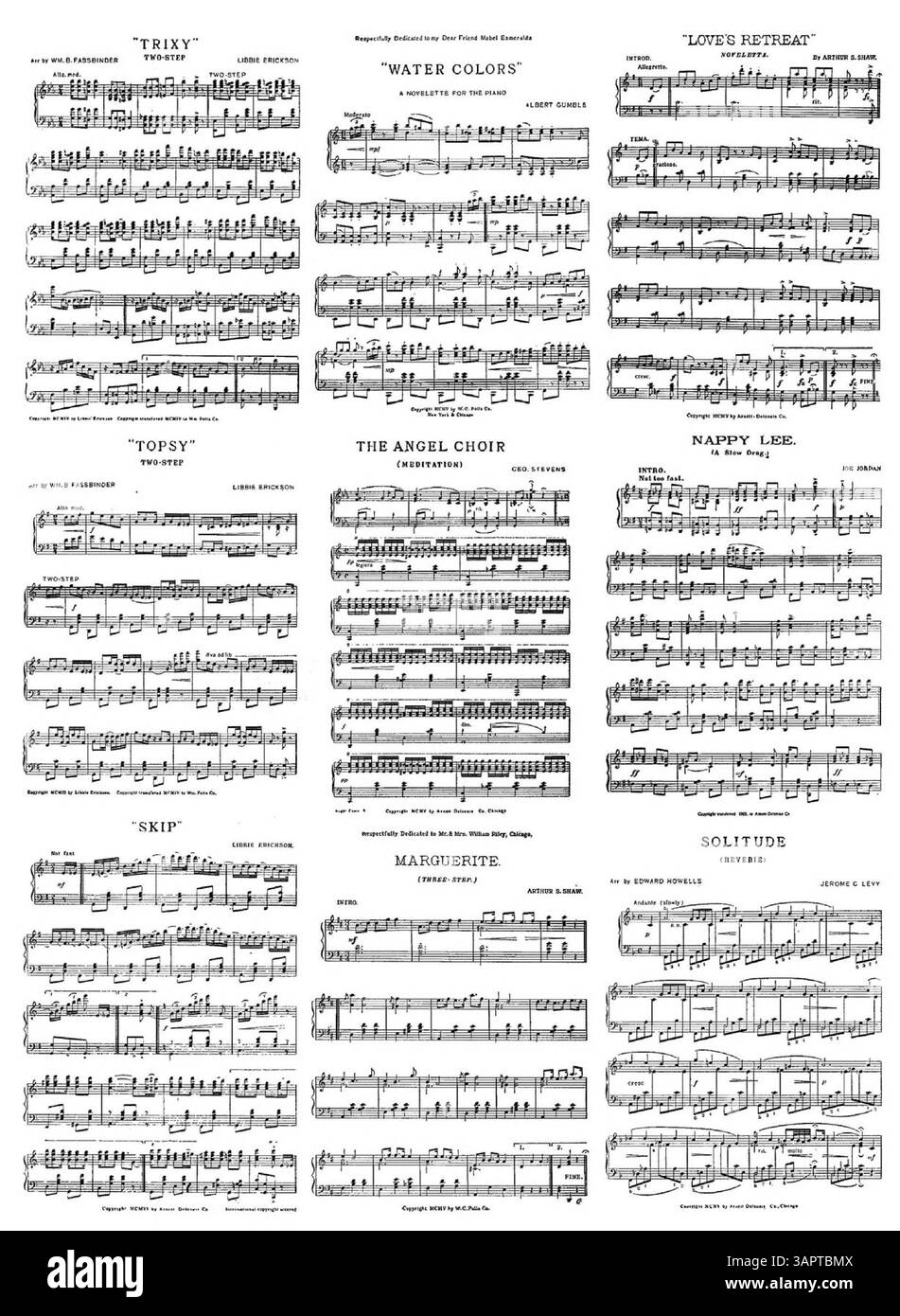 Notenblätter für „Sunshine“ mit verschiedenen Musikausschnitten, die in Dreireihen auf der Innenseite gedruckt wurden, und einem Musikauszug aus „Chestnuts“ von Percy Wenrich auf der Rückseite. Teil der Sammlung der Bibliotheken der Universität von Oregon. Stockfoto