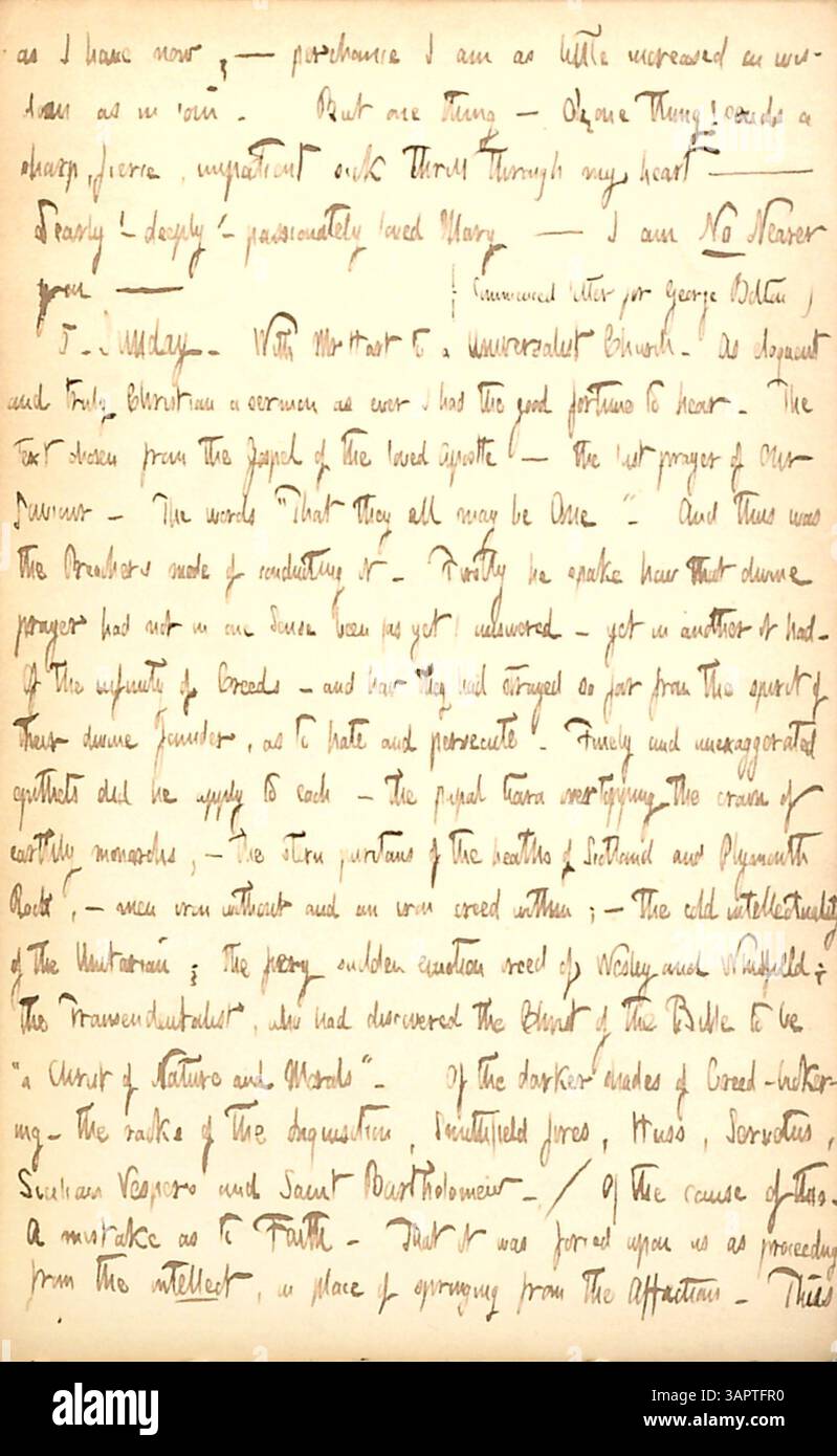 In seinem Tagebuch reflektiert Thomas Butler Gunn eine Predigt in einer Universalistischen Kirche, in der er über Religion, Glaubensbekenntnisse und Einheit spricht, wobei er sich auf eine Predigt konzentriert, die auf dem letzten Gebet Christi basiert. Stockfoto
