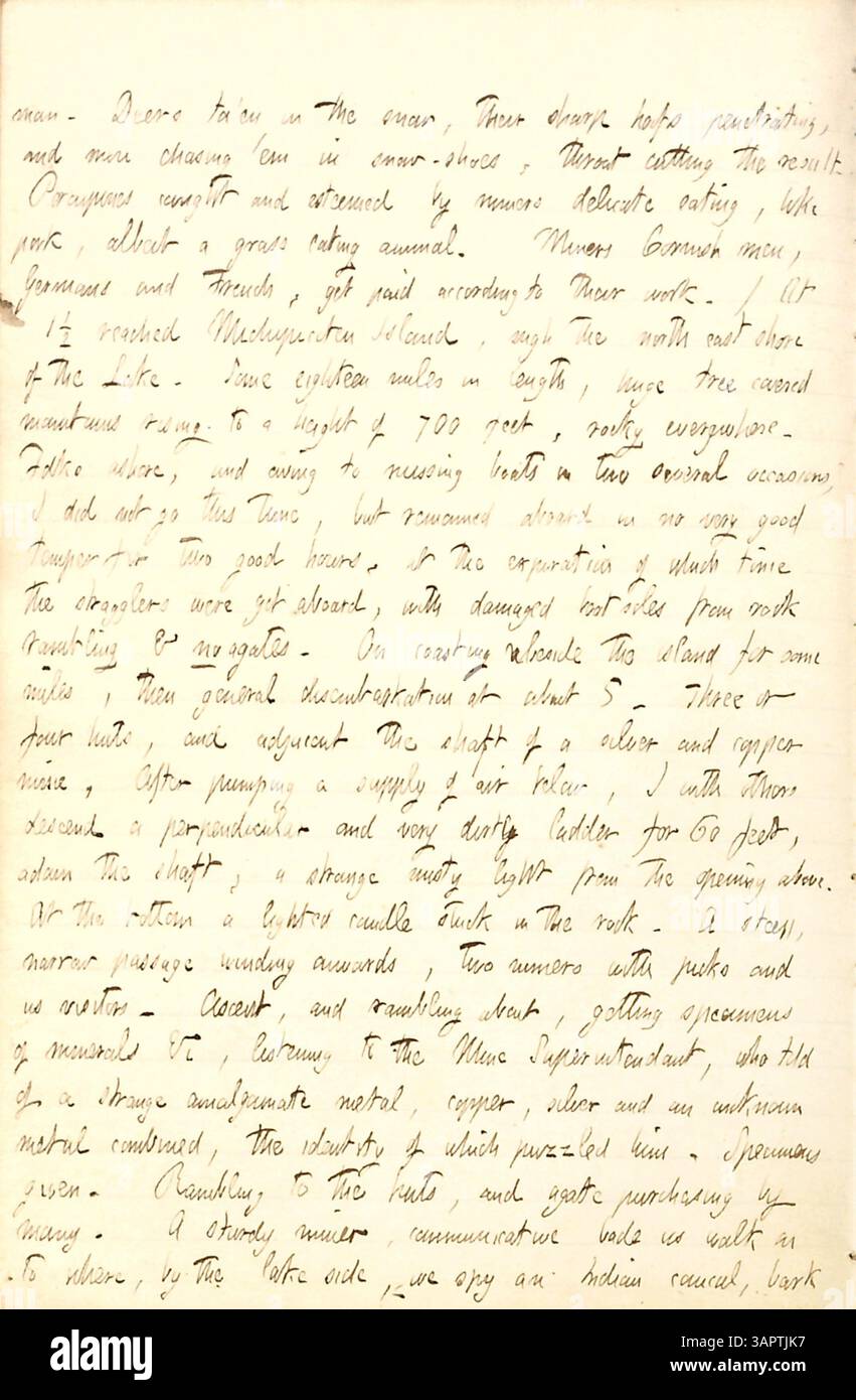 Dieser Eintrag aus Thomas Butler Gunn's Diaries vom 21. August 1853 beschreibt seine Ankunft auf Michipoten Island im Lake Superior an Bord des Dampfschiffes Sam Ward und einen Besuch einer Kupfermine. Stockfoto