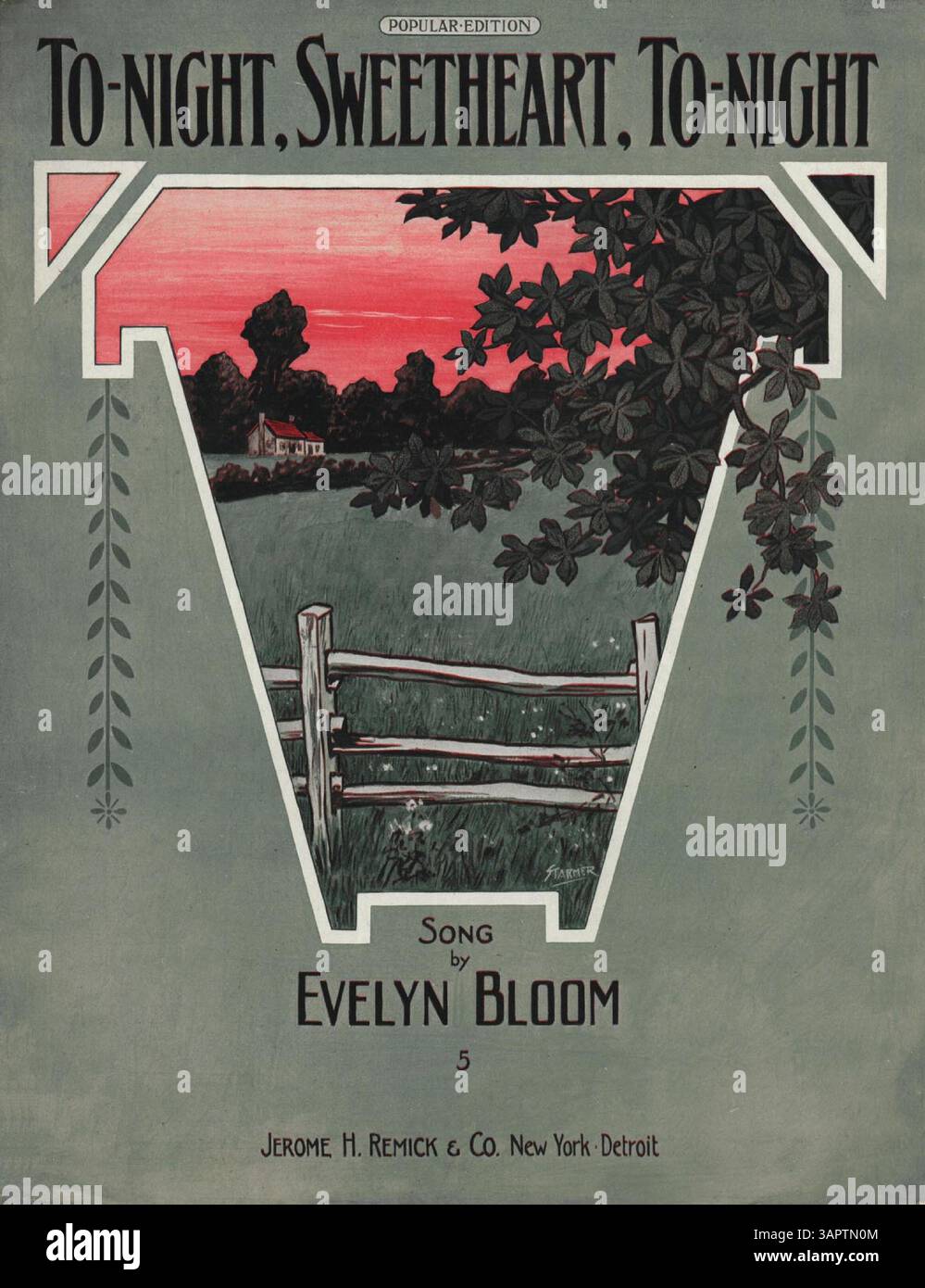 Auf der Rückseite von „To-Night, Sweetheart, To-Night“ befindet sich eine ganzseitige Farbwerbung für Jerome H. Remick & Co.'s „Latest Publications“, mit einem musikalischen Auszug aus „The Garden of Roses“ von Johann C. Schmid und J.E. Dempsey. Stockfoto