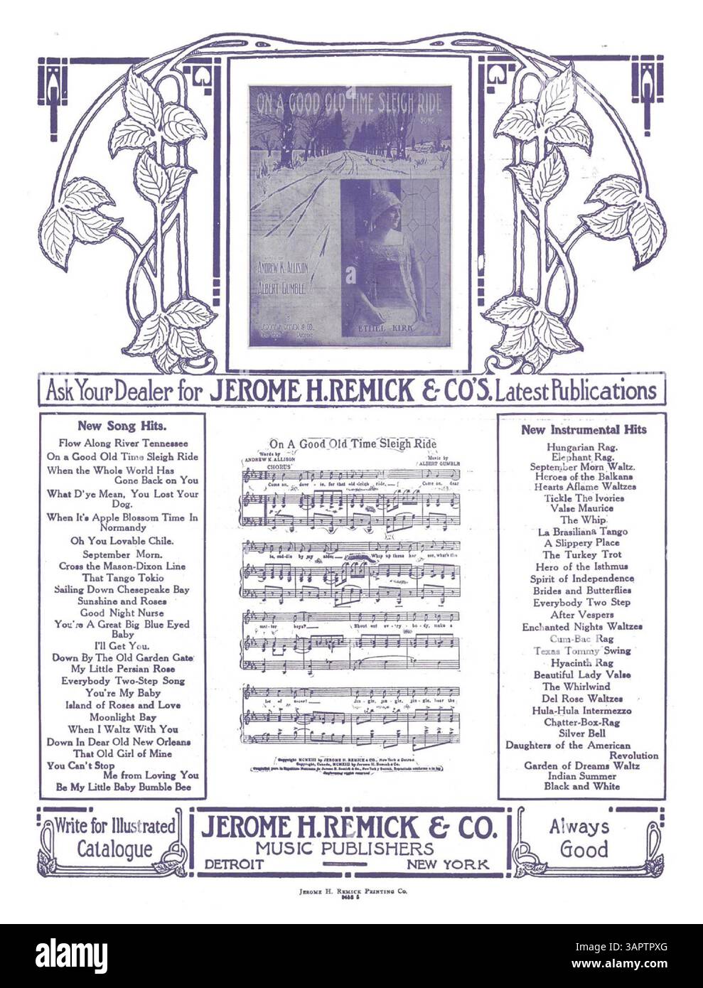 Cover für „The Good Ship Mary Ann“ mit einer großen Werbung auf der Rückseite für den Song „On a Good Old Time Sleigh Ride“. Stockfoto