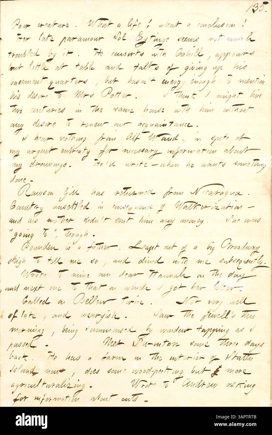 Dieser Eintrag in Thomas Butler Gunns Tagebüchern vom 20. Bis 27. Januar 1857 dokumentiert verschiedene persönliche Beobachtungen, darunter Sol Eytinges Wunsch, die Pension zu verlassen, und Rawson Gills Rückkehr aus Nicaragua. Es reflektiert auch die Situation von Allie Vernon und die Interaktion des Autors mit Figuren wie Frank Cahill und Alf Waud. Stockfoto