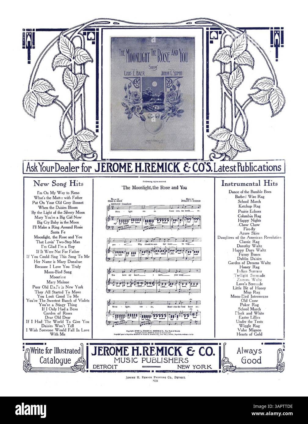 Die zweite Seite enthält eine ganzseitige Werbung für Jerome H. Remick & Co.'s neueste Publikationen, einschließlich eines musikalischen Ausschnitts aus What's the Matter with Father von Williams und Van Alstyne. Die Rückseite zeigt eine weitere Werbung für Remick & Co., mit einem Auszug aus „The Moonlight, the Rose and You“ von Chas E. Baer und Johann C. Schmid. Stockfoto