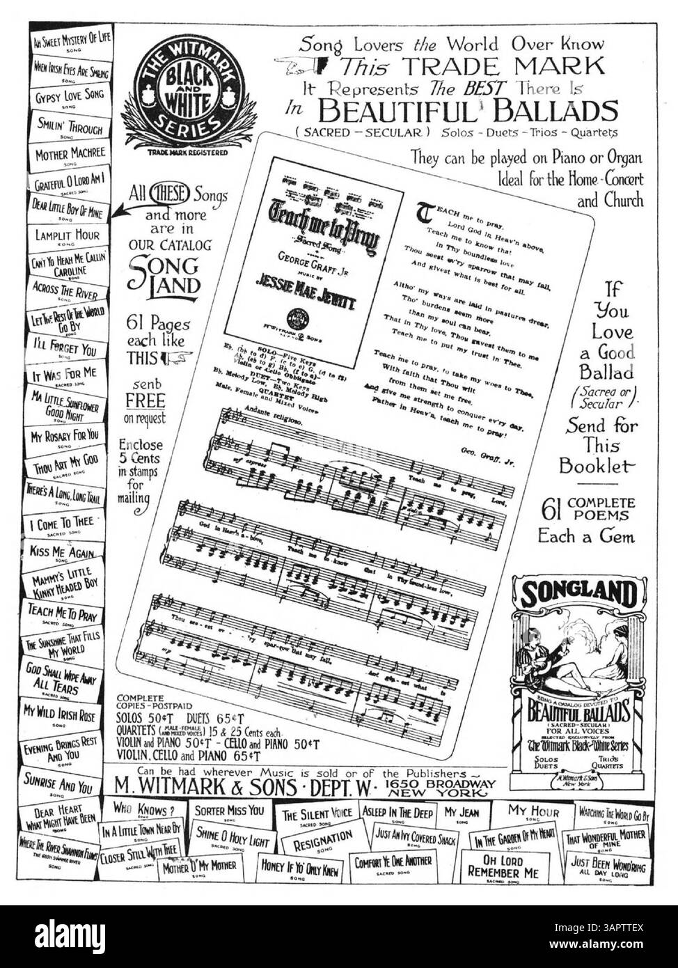 Diese Version von I Come to Thee enthält Texte von George Graff Jr. und Musik von Caro Roma in A-Dur. Auf dem Cover befindet sich ein Eigenschaftsstempel des Presbyterian Church Choir und die Kennziffer M.W.&SONS 12124. Die Werbung des Verlags für andere heilige Lieder, darunter „The Lord's Prayer“ und „I am Thy God“, ist auf der Innenseite zu sehen. Stockfoto Diese Version von I Come to Thee enthält Texte von George Graff Jr. und Musik von Caro Roma in A-Dur. Auf dem Cover befindet sich ein Eigenschaftsstempel des Presbyterian Church Choir und die Kennziffer M.W.&SONS 12124. Die Werbung des Verlags für andere heilige Lieder, darunter „The Lord's Prayer“ und „I am Thy God“, ist auf der Innenseite zu sehen. Stockfoto