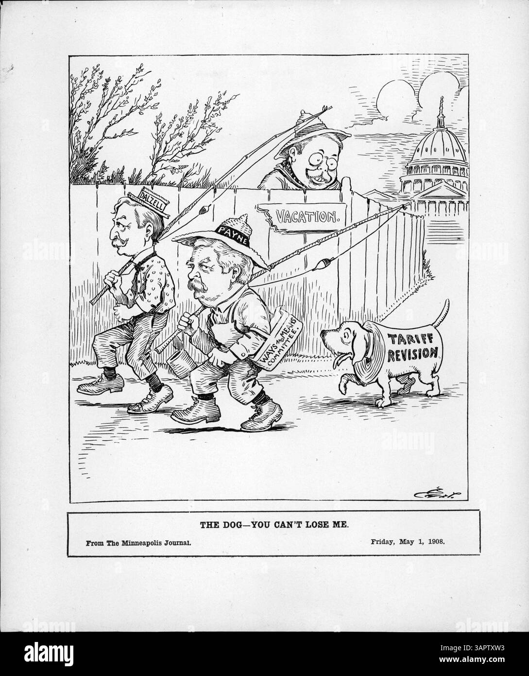 In diesem politischen Zeichentrick folgen Dalzell und Payne vom Ways and Means Committee vom Tariff Revision Dog, wie Theodore Roosevelt zusieht. Der Zeichentrick spiegelt die protektionistische Haltung von Dalzell und Payne wider, beide Mitglieder der Joe Cannon Fraktion der Republikanischen Partei. Stockfoto In diesem politischen Zeichentrick folgen Dalzell und Payne vom Ways and Means Committee vom Tariff Revision Dog, wie Theodore Roosevelt zusieht. Der Zeichentrick spiegelt die protektionistische Haltung von Dalzell und Payne wider, beide Mitglieder der Joe Cannon Fraktion der Republikanischen Partei. Stockfoto