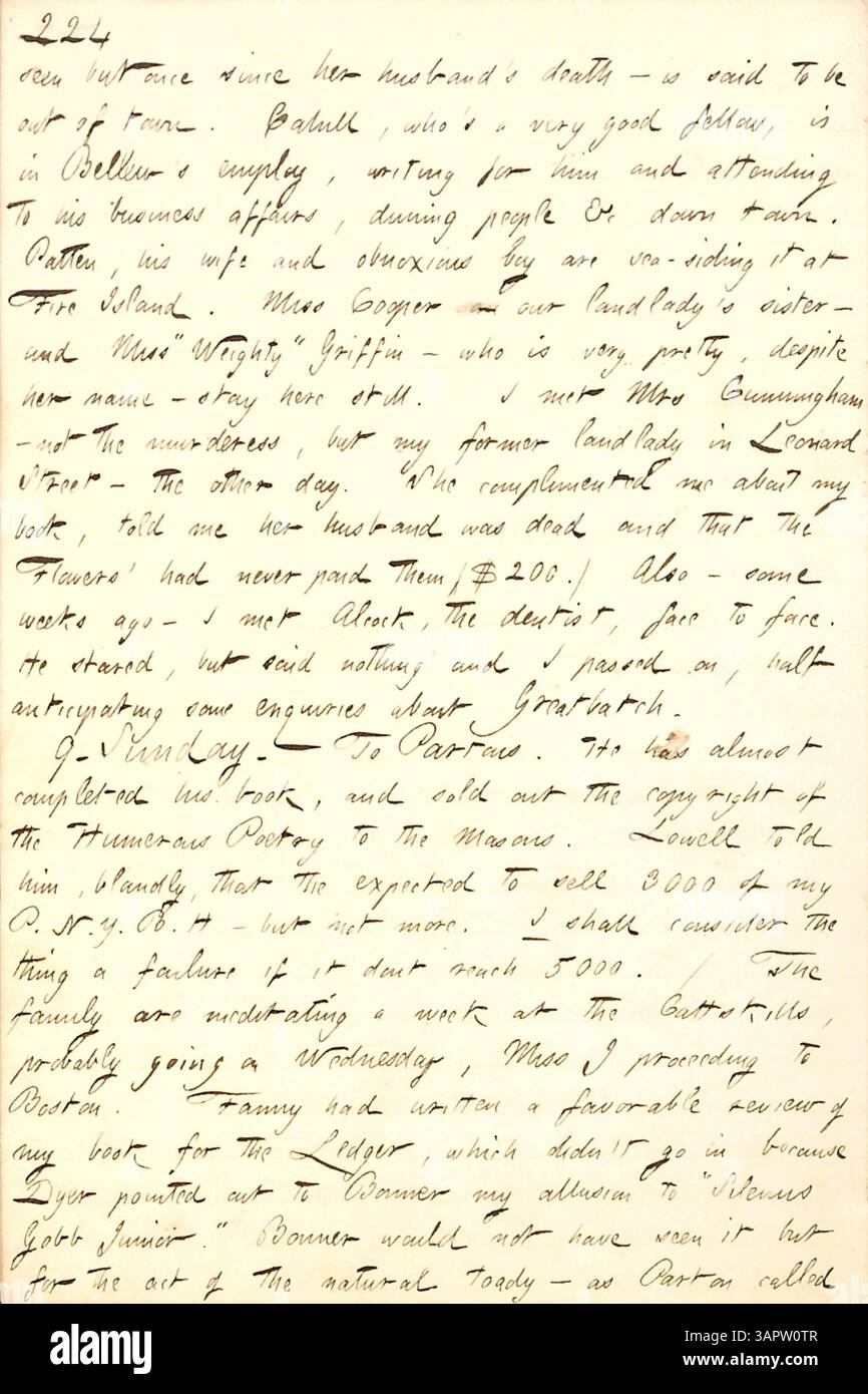 Dieser Eintrag aus Thomas Butler Gunns Tagebüchern (Band 8, 1.-9. August 1857) beschreibt seine Reflexionen über Fanny Farns Rezension seines Buches sowie seine Beobachtungen von Individuen in seinem Kreis während dieser Zeit. Die Tagebücher werden von der Missouri Historical Society aufbewahrt. Stockfoto