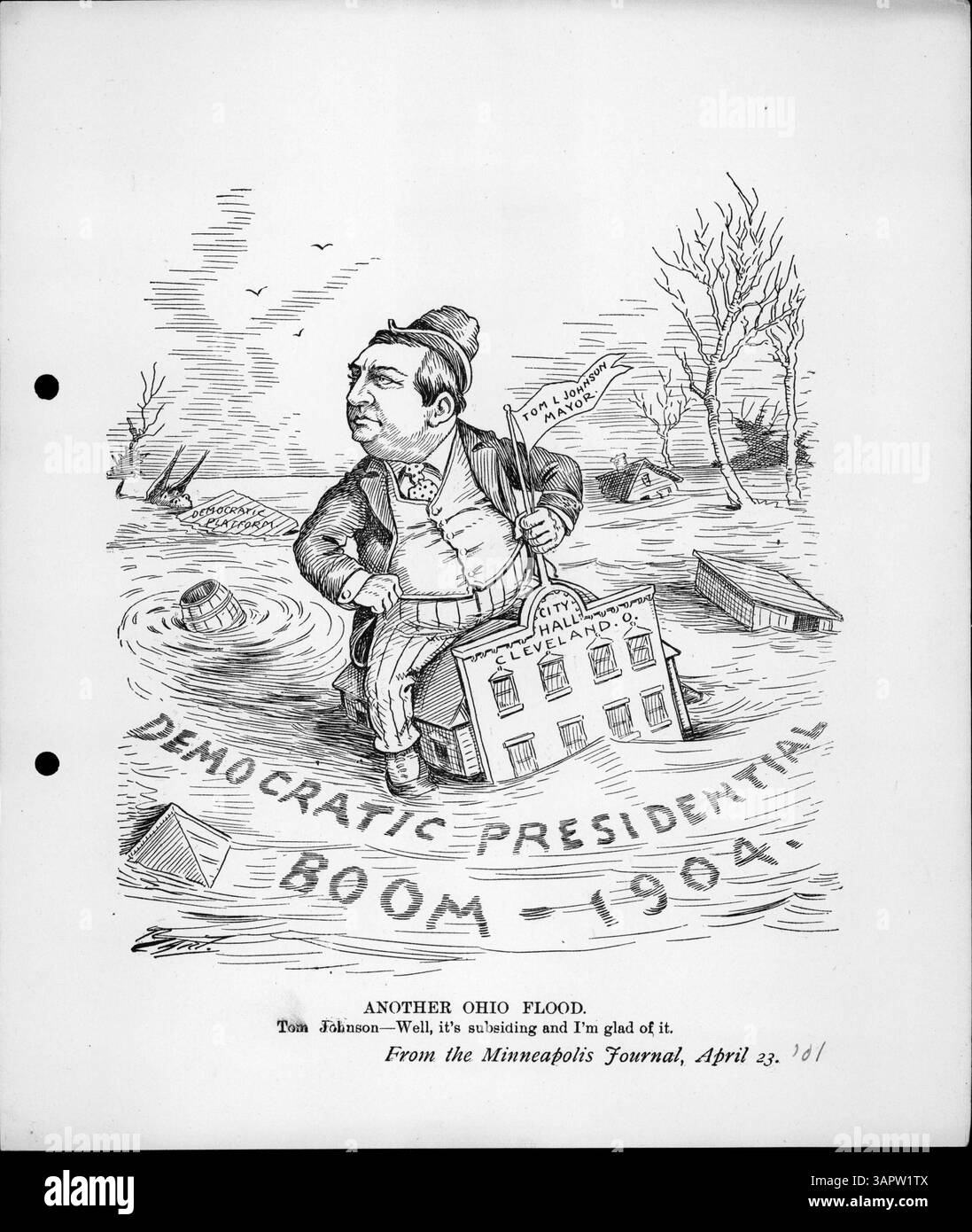 Ein Bild von der Überschwemmung in Ohio von 1904, das den Bürgermeister von Cleveland Tom Johnson zeigt, der auf dem Rathaus von Cleveland steht und dem Hochwasser entflohen ist. Das Hochwasser war Teil einer größeren Serie zerstörerischer Überschwemmungen und Johnson war an Hilfsmaßnahmen für die Opfer beteiligt. Stockfoto