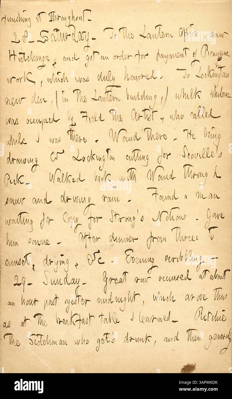 Dieser Eintrag aus den Tagebüchern von Thomas Butler Gunn vom 27. Bis 29. Februar 1852 beschreibt Ereignisse in seiner Pension, darunter Interaktionen mit Richard B. Hutchings, Alfred Waud und Alexander Hay Ritchie. Der Eintrag enthält Hinweise auf die Arbeit im Lantern Office, einen Spaziergang im Schnee und eine Reihe mit Ritchie. Es bietet Einblicke in das tägliche Leben und die Arbeit in den 1850er Jahren Stockfoto