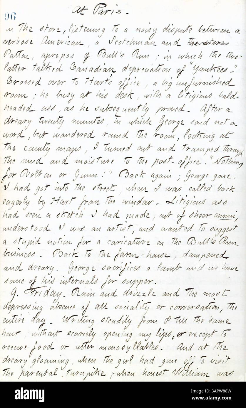 Dieser Band von Thomas Butler Gunns Tagebüchern fasst seine Erfahrungen in New York City während der frühen Bürgerkriegszeit mit Berichten über Besuche von Militärlagern, das Leben in Pensionen und einen Hochzeitsempfang für Sally Edwards und Thomas Nast zusammen. Gunn reflektiert auch seine Reisen nach Rochester und Paris, Ontario. Das Tagebuch ist als Band 19 gekennzeichnet, obwohl es als Band 17 bezeichnet wird. Stockfoto