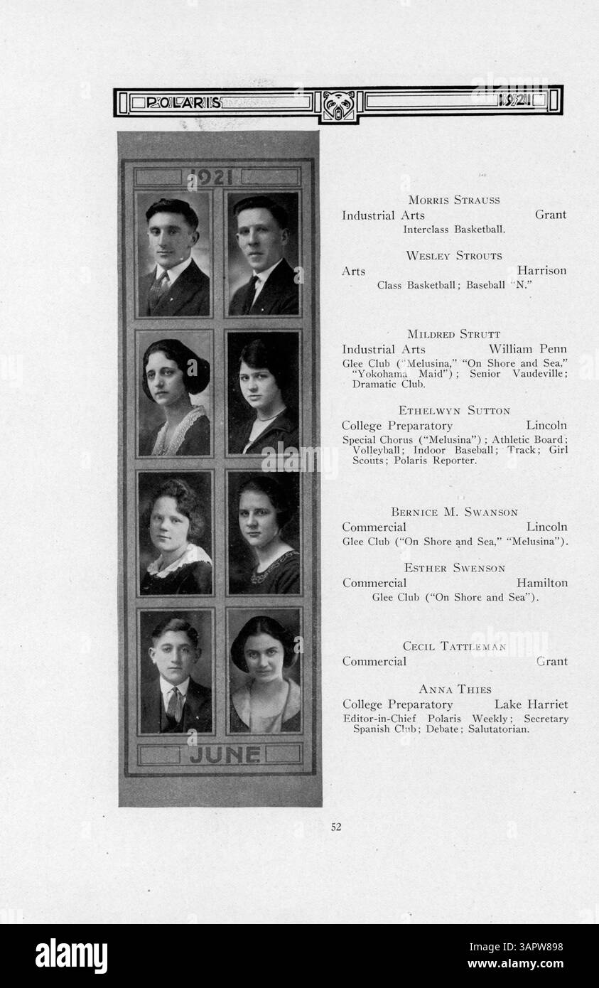 Das Polaris Jahrbuch 1921 der North High School erfasst Schüler, Lehrer, Vereine, Leichtathletik und Veranstaltungen aus dem Schuljahr 1920-1921 und beleuchtet die Geschichte der afroamerikanischen Bevölkerung. Stockfoto