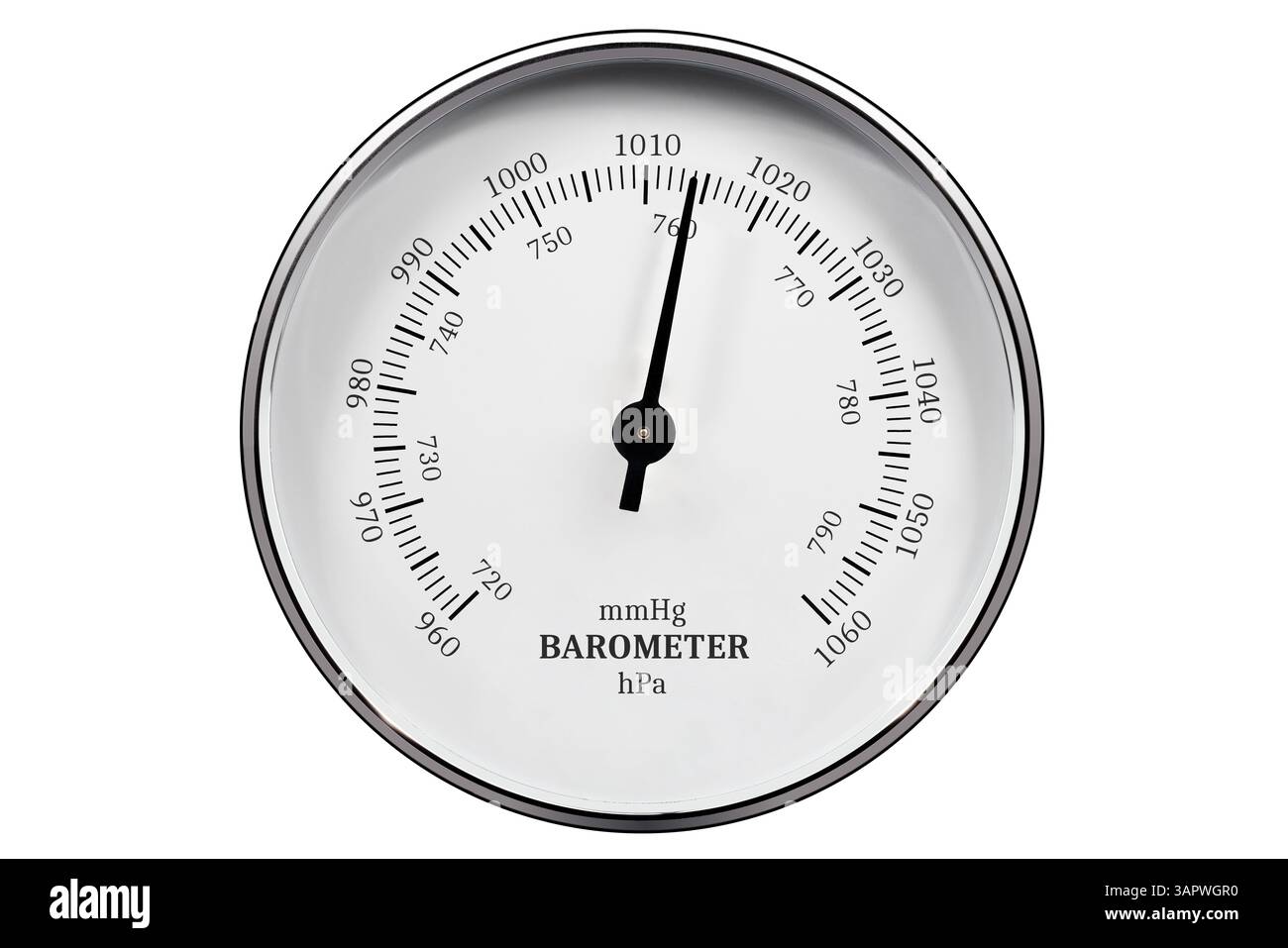 Barometer zur Messung des barometrischen Luftdrucks in hektopaskalischem hPa und Millimeter Quecksilber mmHg, Ausschnitt Stockfoto