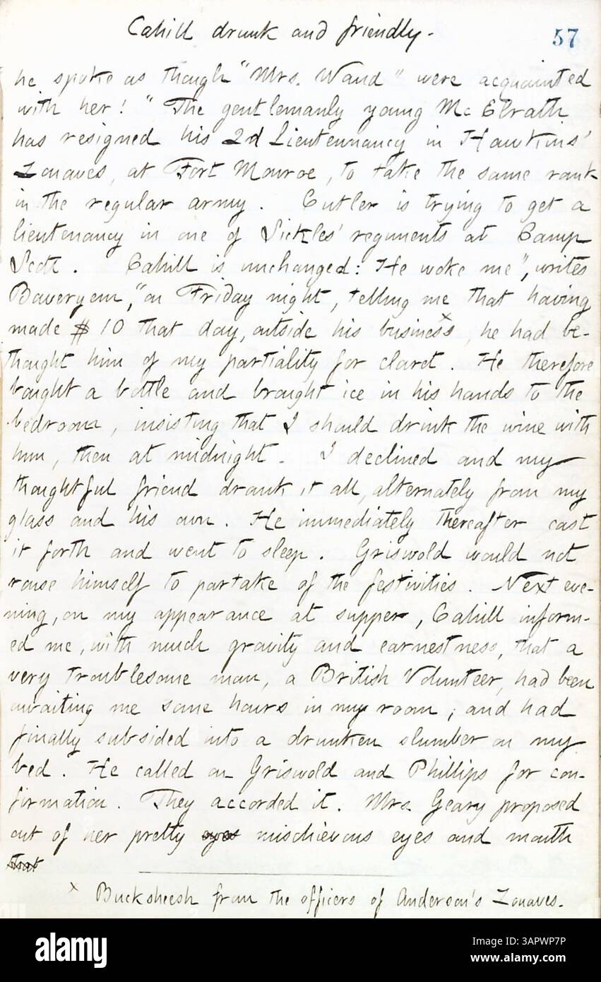 Das Tagebuch von Thomas Butler Gunn vom 15. Juni bis 10. Oktober 1861 bietet Einblicke in New York in die Anfänge des Bürgerkriegs. Er berichtet über Militärlager in New York, Besuche bei verschiedenen Familien und Erfahrungen wie das Leben in Pensionen und einen Hochzeitsempfang. Gunn beschreibt auch eine Reise nach Paris, Ontario. Das Tagebuch trägt die Bezeichnung Band 19. Stockfoto