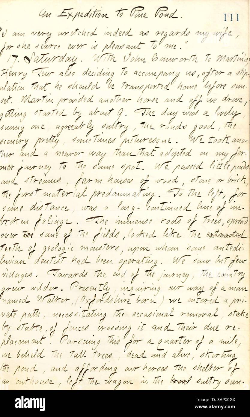 Dieser Tagebuchband vom 15. Juni bis 10. Oktober 1861 von Thomas Butler Gunn erzählt von seinen Erfahrungen in New York während der frühen Phase des Bürgerkriegs. Als Reporter für die New York Evening Post besuchte er Militärlager, lebte in Pensionen und besuchte einen Hochzeitsempfang für Sally Edwards und Thomas Nast. Seine Reisen nach Ontario bieten auch einen zusätzlichen historischen Kontext zum sozialen und militärischen Leben der Zeit. Stockfoto