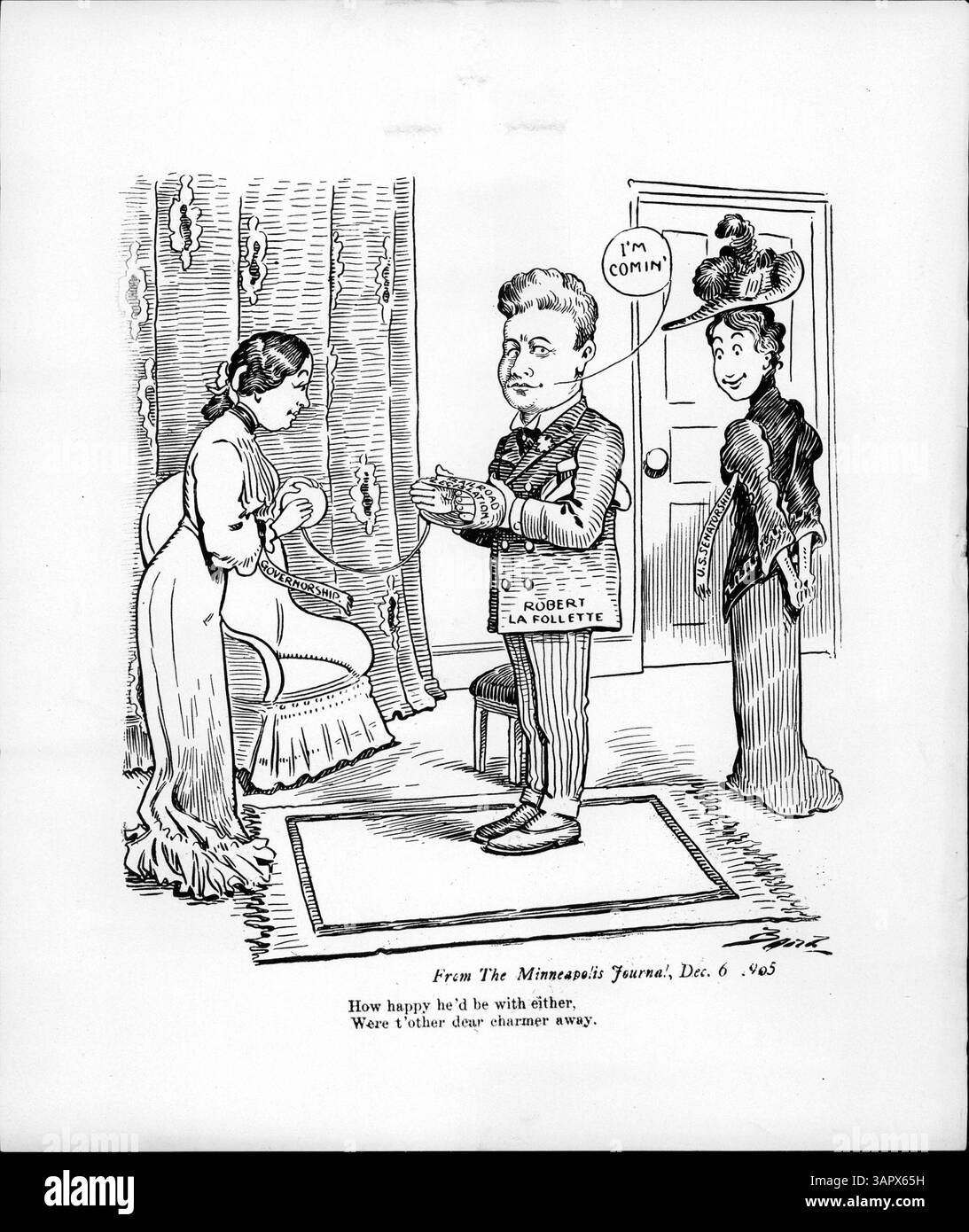 Robert La Follette spricht über seine Haltung zur Eisenbahngesetzgebung und seine mögliche Kandidatur für den US-Senat und drückt seine Bereitschaft aus, in beiden Rollen zu dienen, wie in diesem Artikel festgehalten. Stockfoto