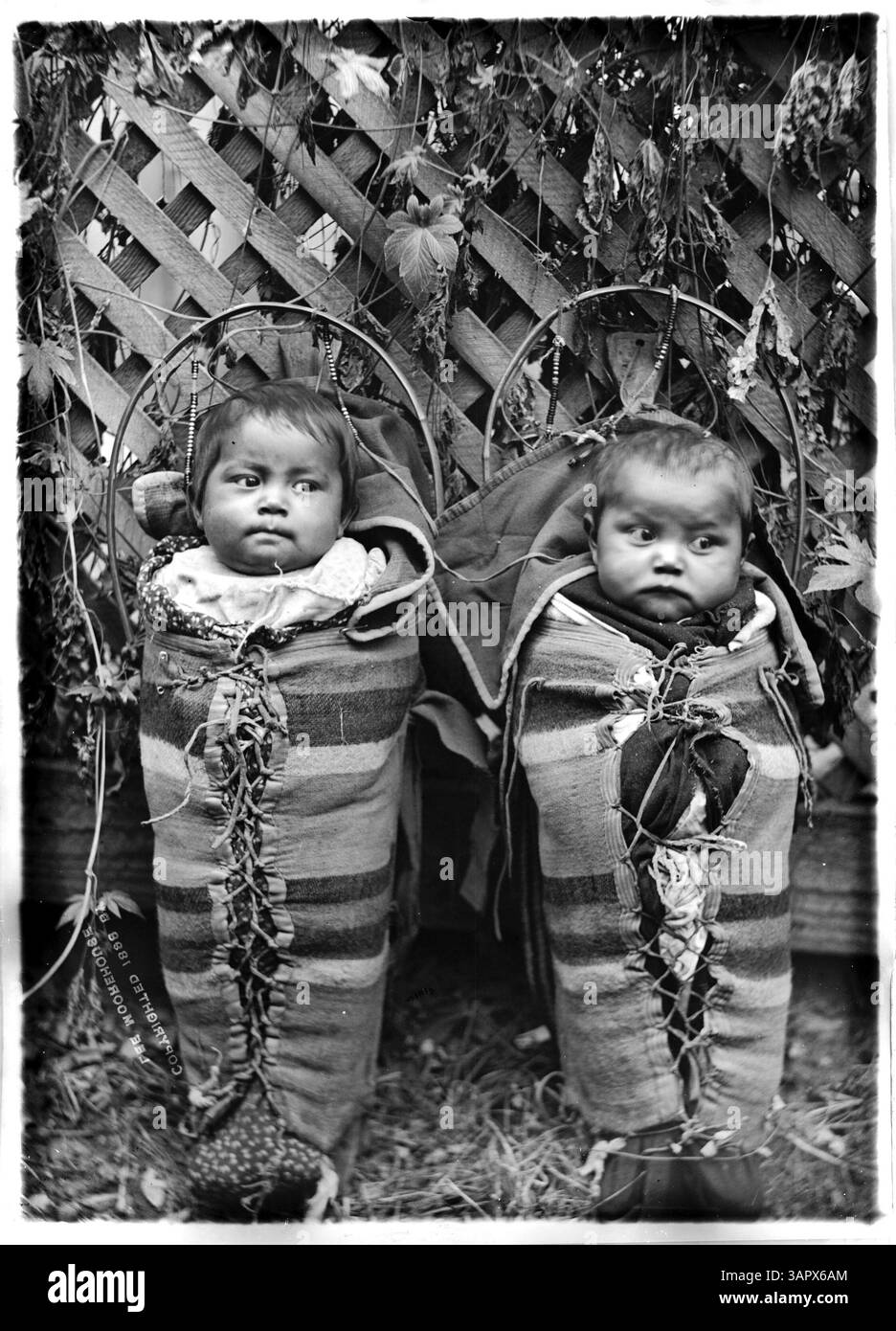 Foto von Lee Moorhouse, das Cayuse-Zwillinge in traditioneller Kleidung zeigt. Das Bild zeigt ihr kulturelles Erbe und die Bedeutung von Zwillingsgeburten in der Kultur der amerikanischen Ureinwohner. Stockfoto