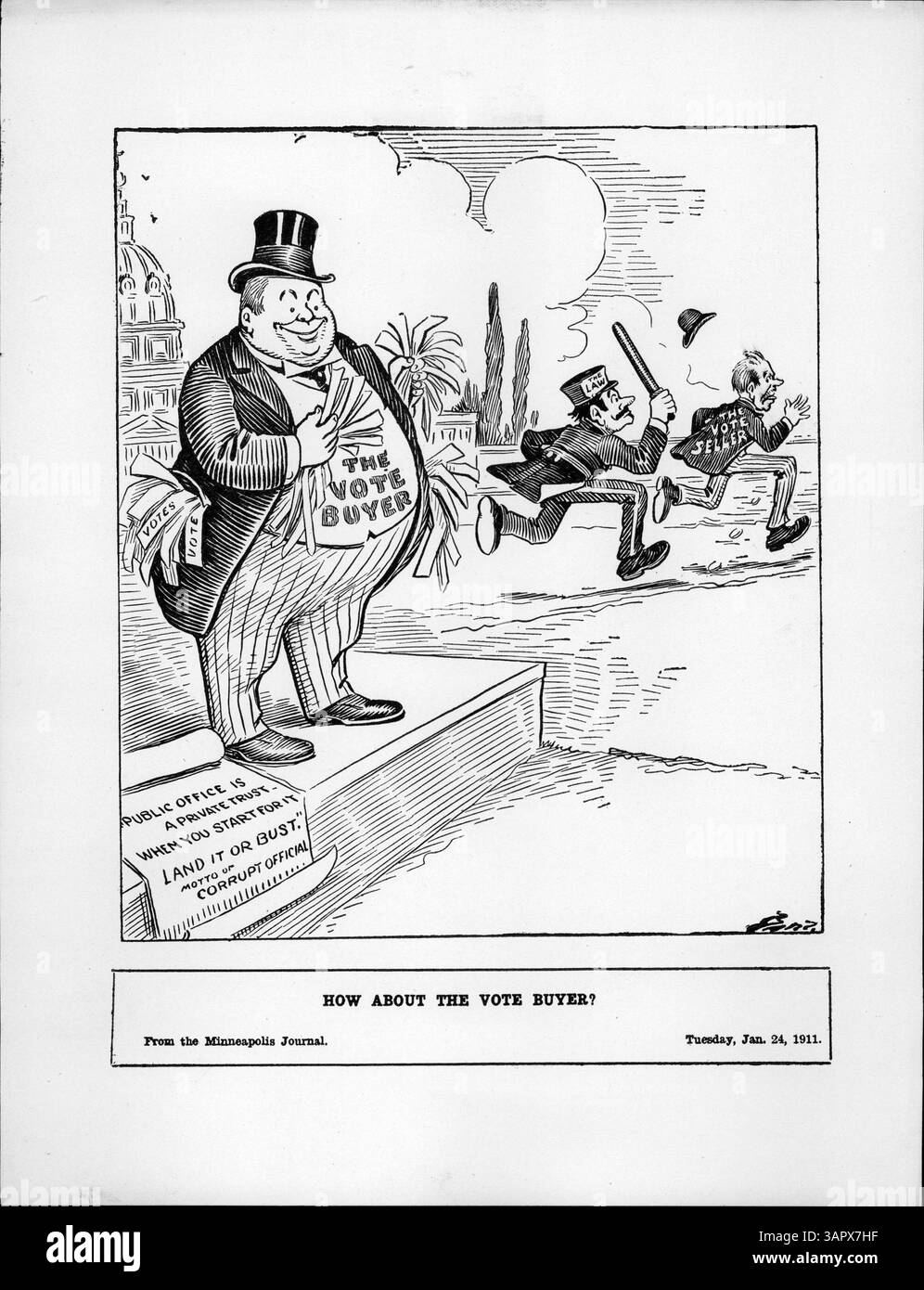 Diese Abbildung zeigt einen politischen Kommentar über den Kauf von Stimmrechten, in dem eine Figur mit der Aufschrift The Vote Buyer steht, der vor dem Kapitol der USA steht. Ein Polizist mit der Bezeichnung The Law verfolgt eine Figur, den Wahlverkäufer, mit einem Schild im Hintergrund, das auf Korruption in öffentlichen Ämtern verweist. Stockfoto