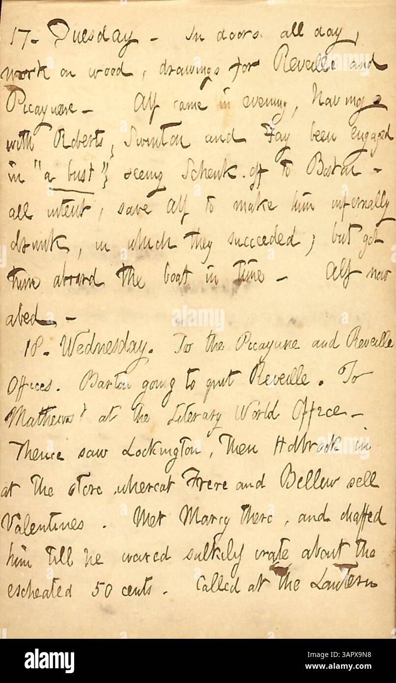 In den Thomas Butler Gunn Diaries, Band 4, Seiten 37-38, vom 17. Bis 18. Februar 1852, Gunn beschreibt einen Abend mit Alf Waud, William Roberts, Alfred Swinton und Augustus Fay, wo sie Schenk vor seiner Abreise nach Boston humorvoll betrunken machten. Stockfoto