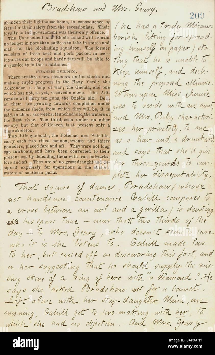 Dieses Tagebuch dokumentiert Thomas Butler Gunns Erfahrungen während des Ausbruchs des Bürgerkriegs, einschließlich seiner Zeit in New York, seiner Beobachtungen von Militärlagern und seiner Reisen zu Familien in Rochester und Paris, Ontario. Es umfasst auch persönliche Interaktionen bei einem Hochzeitsempfang und das tägliche Leben in Pensionen. Stockfoto