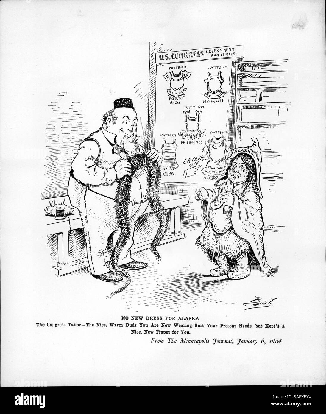 In diesem politischen Zeichentrick wird der Kongress als Schneider dargestellt, der Alaska ein Tippet (warmer Schal) mit der Aufschrift 'Representation in US Congress' anbietet. Der Cartoon hebt den territorialen Status Alaskas und anderer Regionen wie Puerto Rico und Hawaii hervor und satirisiert das Fehlen einer vollständigen Repräsentation. Stockfoto