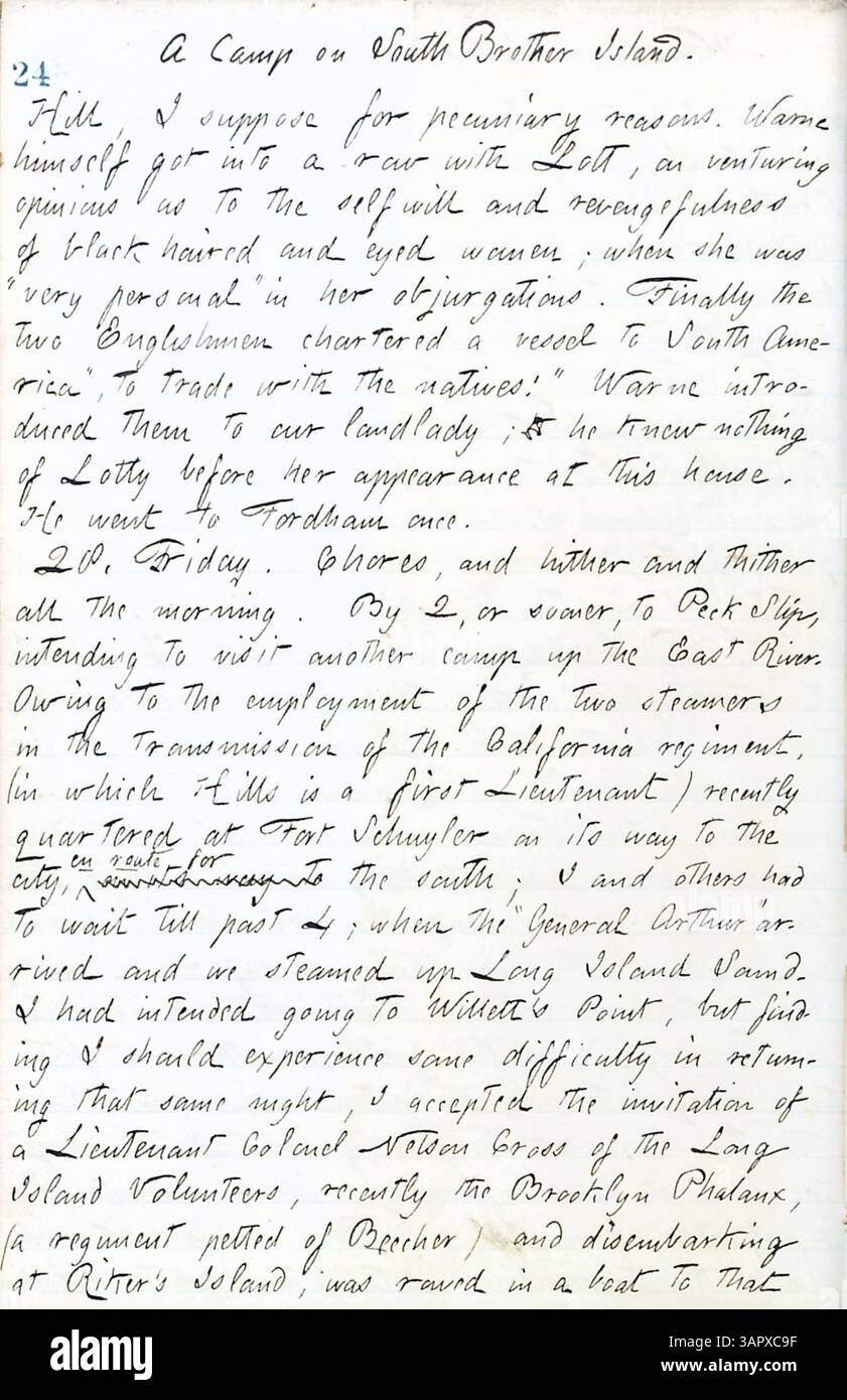 Thomas Butler Gunns Tagebuch Band 17 vom 15. Juni bis 10. Oktober 1861 enthält detaillierte Beobachtungen von New York während des Bürgerkriegs. Er beschreibt Militärlager, das Leben in Pensionen und gesellschaftliche Zusammenkünfte, wie zum Beispiel einen Hochzeitsempfang zu Ehren von Sally Edwards und Thomas Nast. Stockfoto