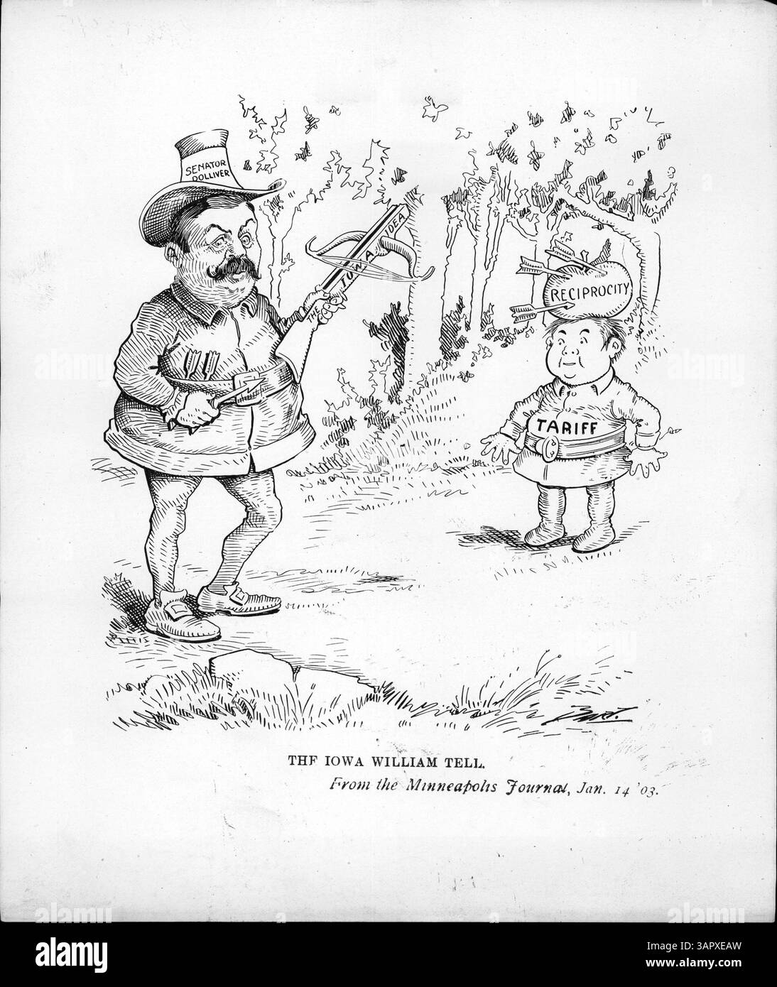 In der politischen Illustration „The Iowa William Tell“ zielt Senator Jonathon Dolliver mit einer Armbrust auf den Apfel mit der Aufschrift „Reziprozität“ auf Tariffs Kopf. Das Bild symbolisiert Dollevers Befürwortung einer Zollrevision im Kongress während seiner Zeit als prominente politische Persönlichkeit. Stockfoto In der politischen Illustration „The Iowa William Tell“ zielt Senator Jonathon Dolliver mit einer Armbrust auf den Apfel mit der Aufschrift „Reziprozität“ auf Tariffs Kopf. Das Bild symbolisiert Dollevers Befürwortung einer Zollrevision im Kongress während seiner Zeit als prominente politische Persönlichkeit. Stockfoto