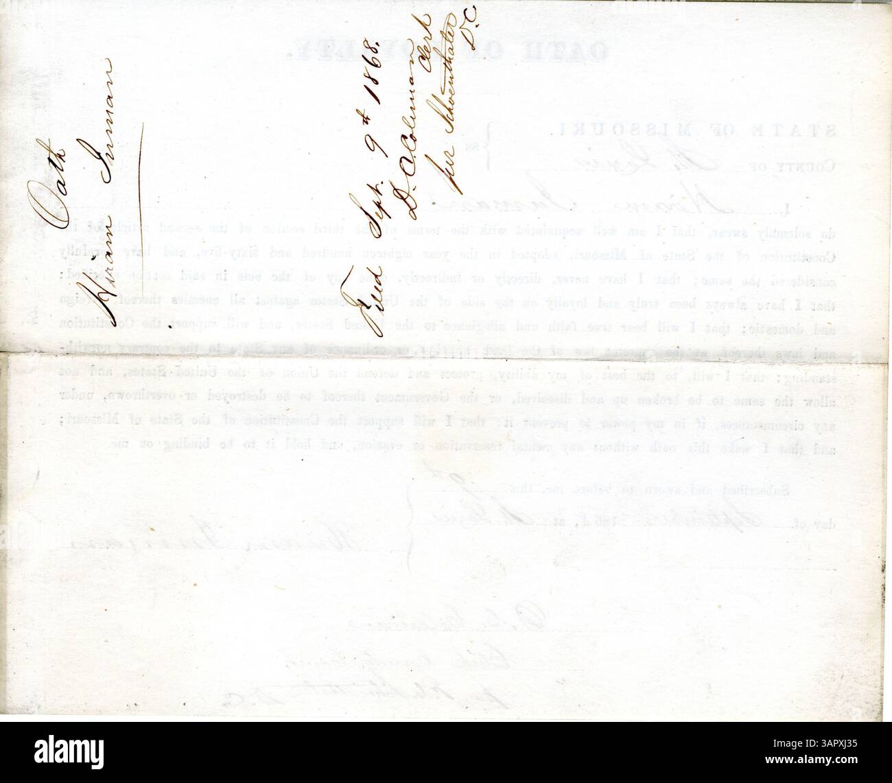 Hiram Inman aus St. Louis, Missouri, schwor den Vereinigten Staaten und Missouri einen Treueid und bekräftigte seine Loyalität während des Bürgerkriegs. Dieses Dokument ist Teil der Sammlung von Treueschwüren der Missouri Historical Society. Stockfoto