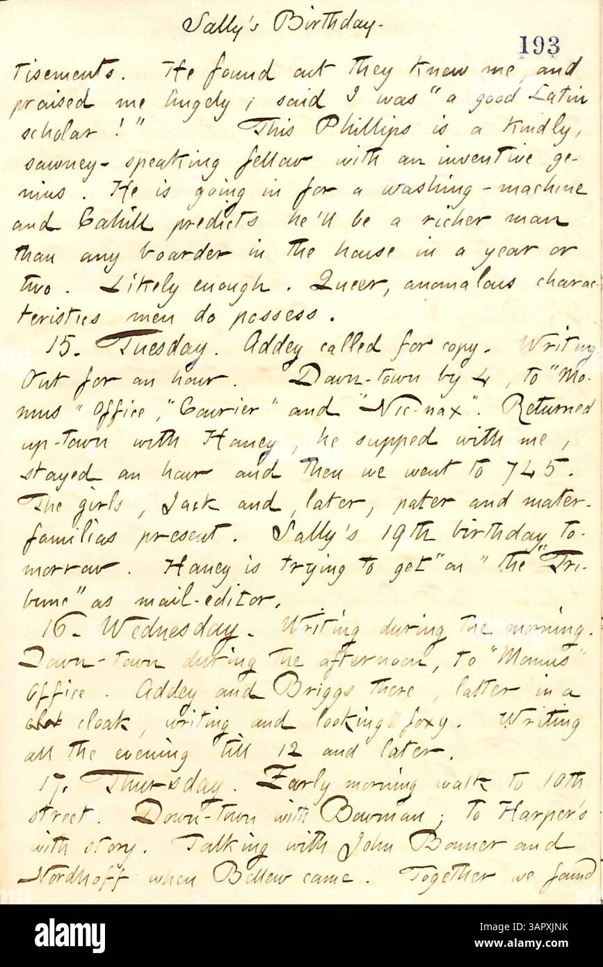 In seinem Tagebucheintrag vom 14. Bis 17. Mai 1860 beschreibt Thomas Butler Gunn ein Gespräch über einen Erfinder, Mr. Phillips, der an einer Waschmaschine arbeitet. Der Eintrag berührt auch soziale Interaktionen und das tägliche Leben. Stockfoto