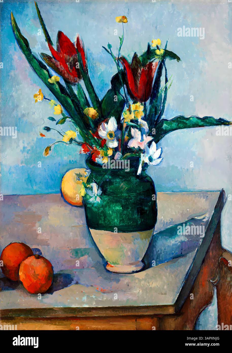 Cézannes lebhaftes Stillleben verbindet Tulpen mit strukturierten Formen und Erdtönen. Hochauflösende 300 DPI/RGB-Datei für Ausdrucke, Textilien, Dekor und Werbeartikel Stockfoto