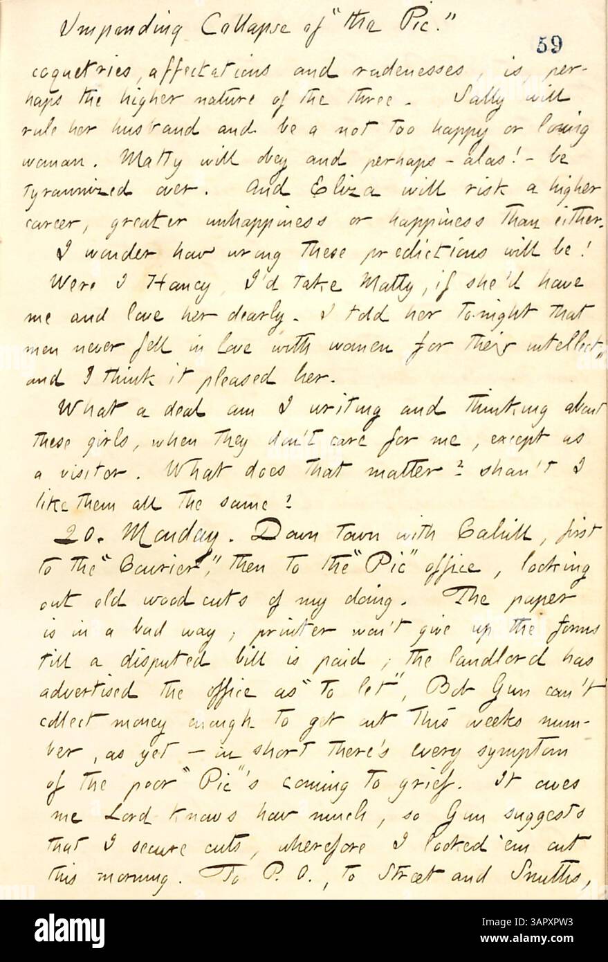 Thomas Butler Gunns Tagebucheintrag vom 19. Bis 20. Februar 1860 beschreibt die Edwards-Mädchen und ihre Beziehungen, einschließlich persönlicher Reflexionen über ihre Charaktere und mögliche Zukunftsmöglichkeiten. Stockfoto
