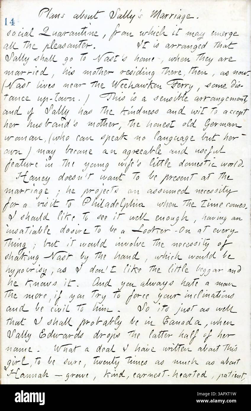 Thomas Butler Gunns Tagebuch, Band 17, umfasst den Zeitraum vom 15. Juni bis zum 10. Oktober 1861 und beschreibt seine Beobachtungen in den frühen Stadien des Bürgerkriegs. Seine Schriften beinhalten Beschreibungen von Militärlagern in New York, des Internationallebens und eines Empfangs zu Ehren der Ehe von Sally Edwards und Thomas Nast, sowie andere persönliche Erfahrungen. Stockfoto