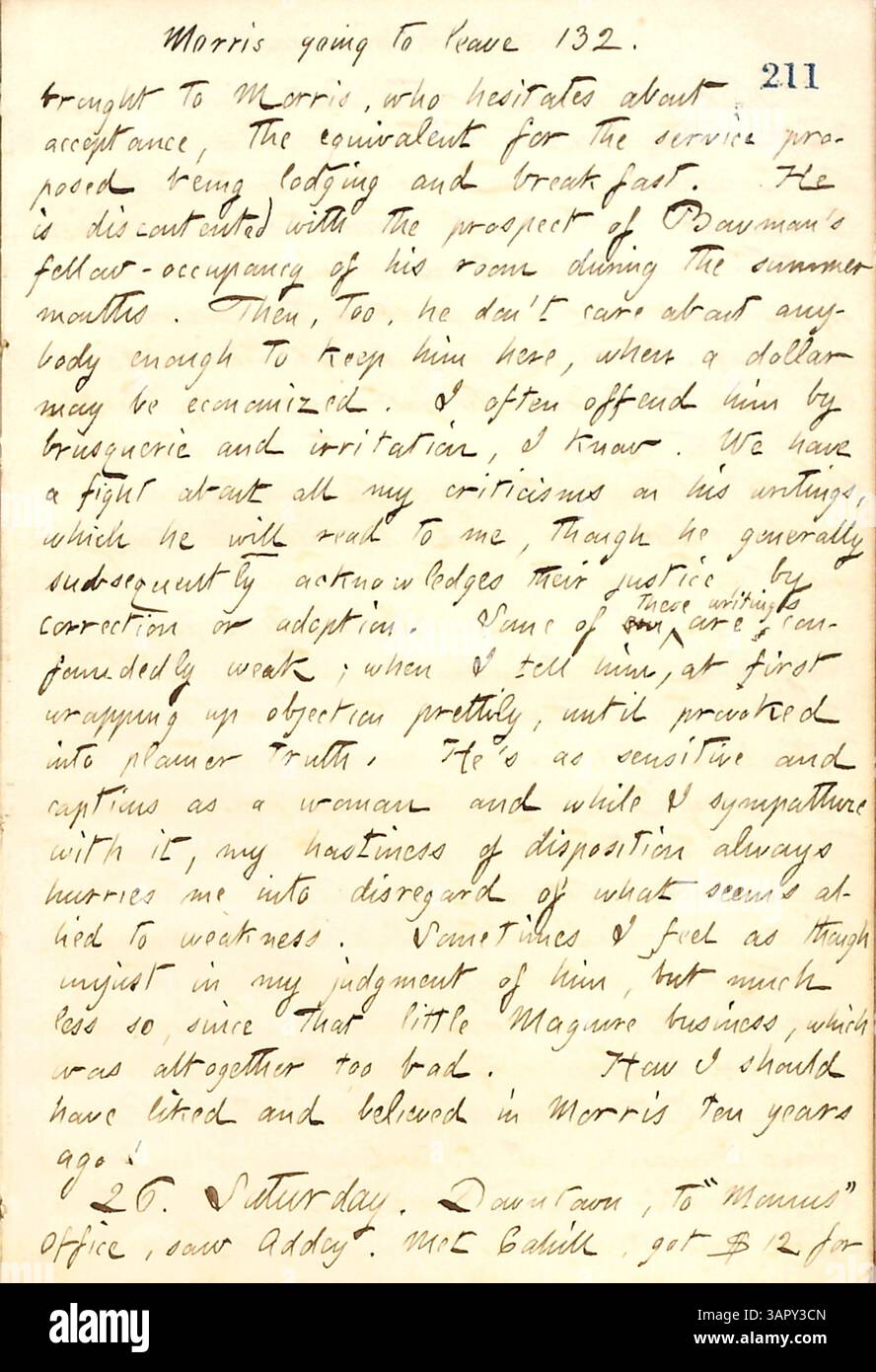 Thomas Butler Gunns Tagebucheintrag für den 25. Bis 26. Mai 1860 beschreibt James Morris Unzufriedenheit mit seiner aktuellen Wohnsituation in der Bleecker Street 132. Morris zieht es in Betracht, nach einem Streit über die Zimmerbedingungen und die angebotenen Unterkünfte zum Frühstück zu gehen. Der Eintrag erwähnt auch die Spannungen zwischen Gunn und Morris, insbesondere in Bezug auf die Kritik an Morris Schriften. Stockfoto