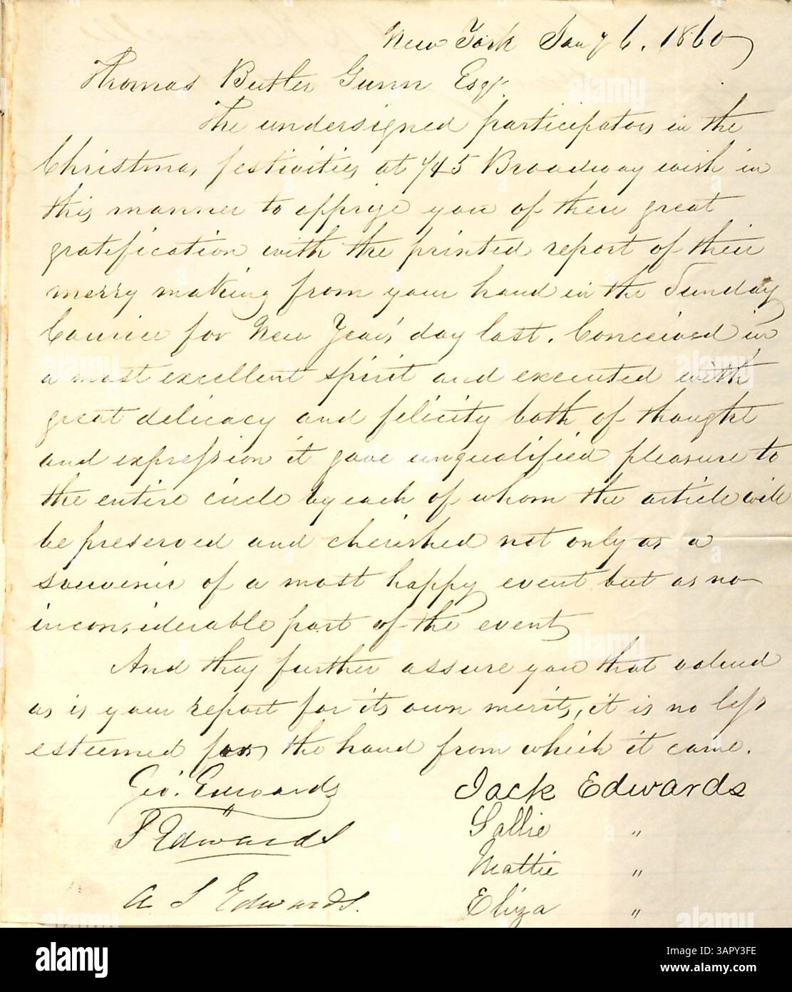 Dieser Tagebucheintrag aus Thomas Butler Gunns Band 11 (Seite 215) enthält einen Brief der Familie Edwards vom 6. Januar 1860, in dem er Gunn für seinen artikel in The Sunday Courier über ihre Weihnachtsfeier dankt. Stockfoto