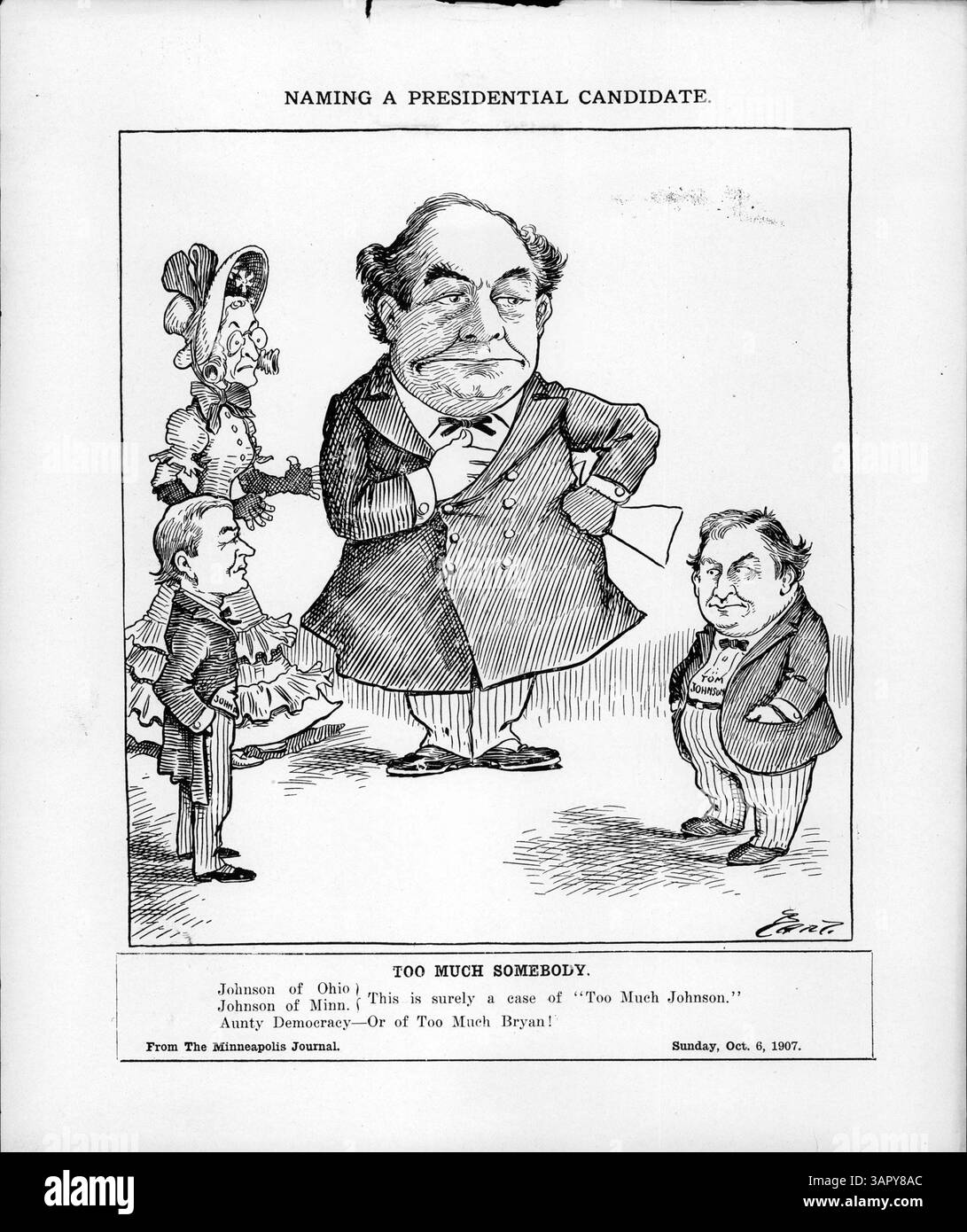 Diese historische Illustration zeigt John A. Johnson aus Minnesota und Tom Johnson aus Ohio, die um die Nominierung für die demokratische Präsidentschaftskandidaten wetteifern, mit William Jennings Bryan im Hintergrund, was die Debatte über „zu viel Johnson“ symbolisiert. Stockfoto