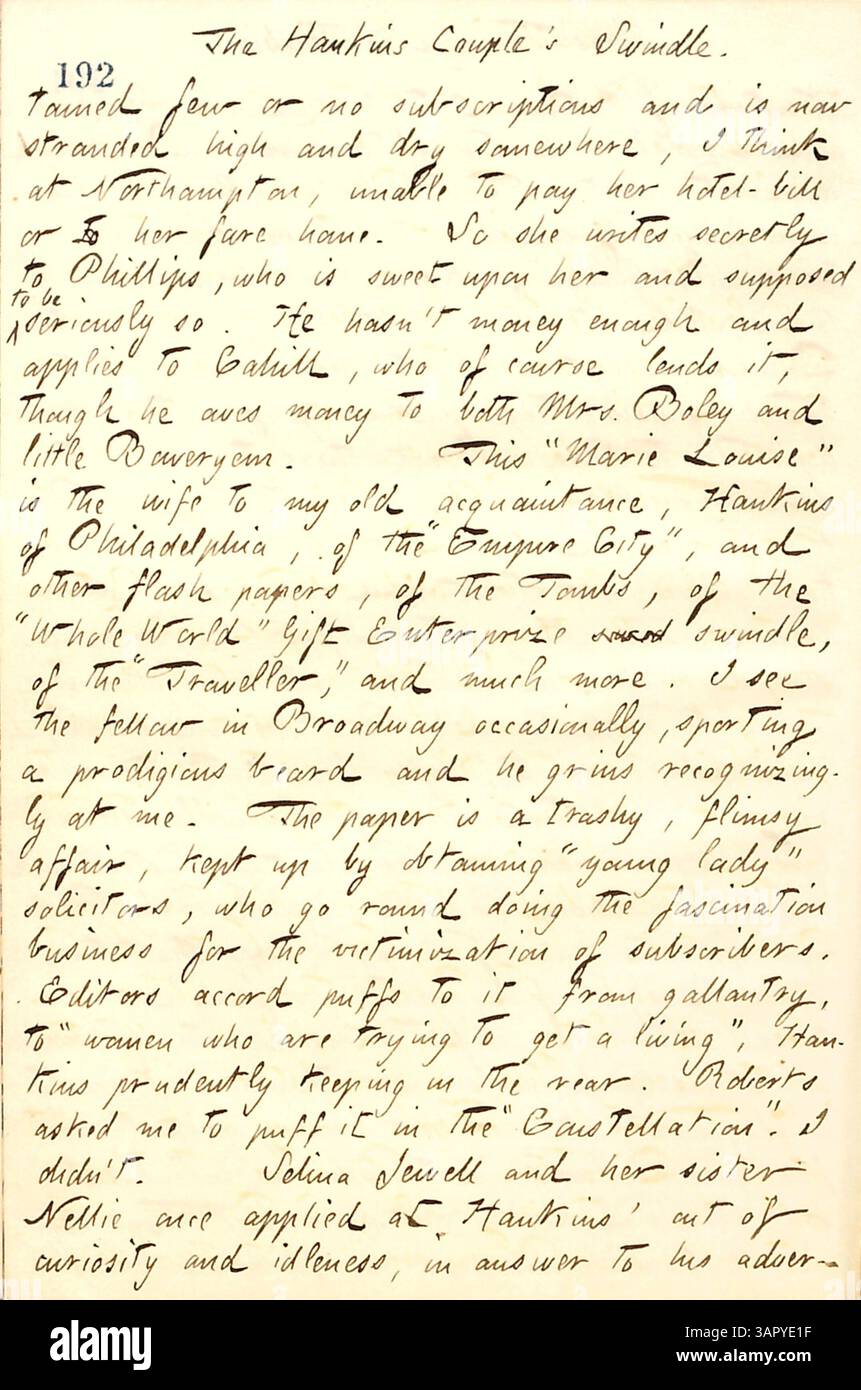 Thomas Butler Gunns Tagebucheintrag vom 14. Mai 1860 in Band 12 beschreibt die Aktivitäten um einen Schwindel des Hankins-Paares, bei dem es um eine Zeitung und Hotelrechnungen ging. Der Eintrag ist Teil der Sammlung der Missouri Historical Society. Stockfoto