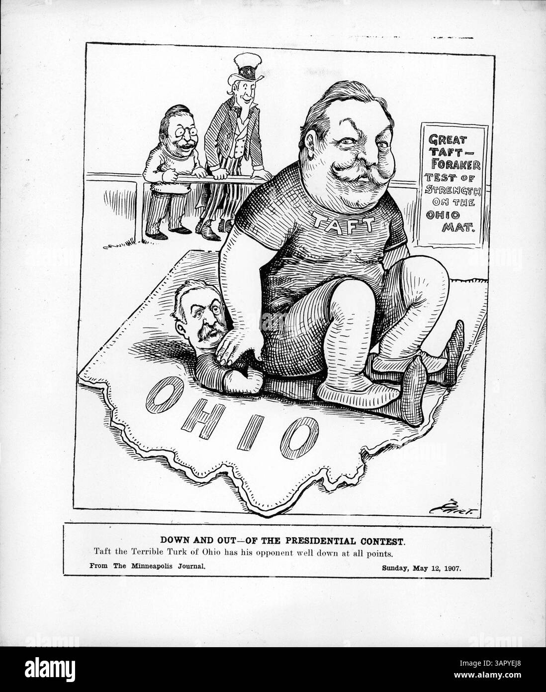 Der politische Cartoon von 1908 zeigt die Rivalität zwischen den Republikanern William H. Taft und Joseph B. Foraker, wobei Taft in ihrem Kampf um die Präsidentschaftskandidaten von Ohio siegreich wurde. Stockfoto Der politische Cartoon von 1908 zeigt die Rivalität zwischen den Republikanern William H. Taft und Joseph B. Foraker, wobei Taft in ihrem Kampf um die Präsidentschaftskandidaten von Ohio siegreich wurde. Stockfoto