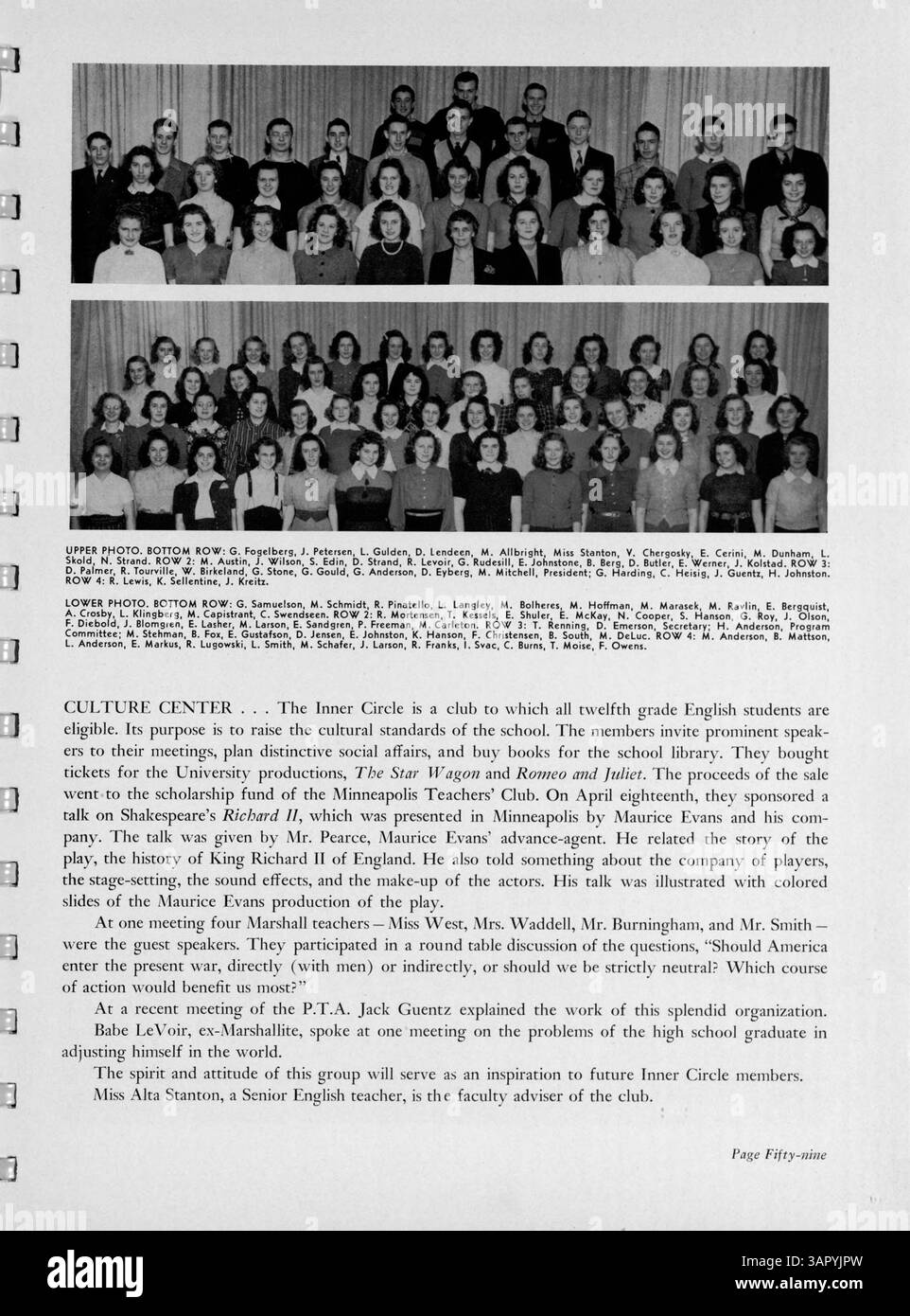 Die Ausgabe 1940 des Jahrbuchs „Cardinal“ der Marshall High School zeigt die Schüler, Lehrer, Vereine, Leichtathletik und andere wichtige Ereignisse aus dem Schuljahr 1939-1940. Stockfoto