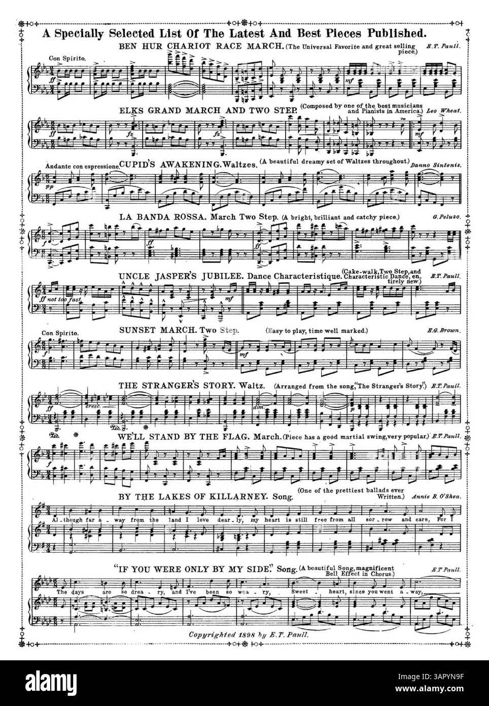 Diese Publikation mit dem Titel „Down Old New England Way“ enthält musikalische Ausschnitte auf der Innen- und Rückseite, zeigt E.T. Paulls beste Klavierstücke und bietet einen beschreibenden Story Song. Stockfoto