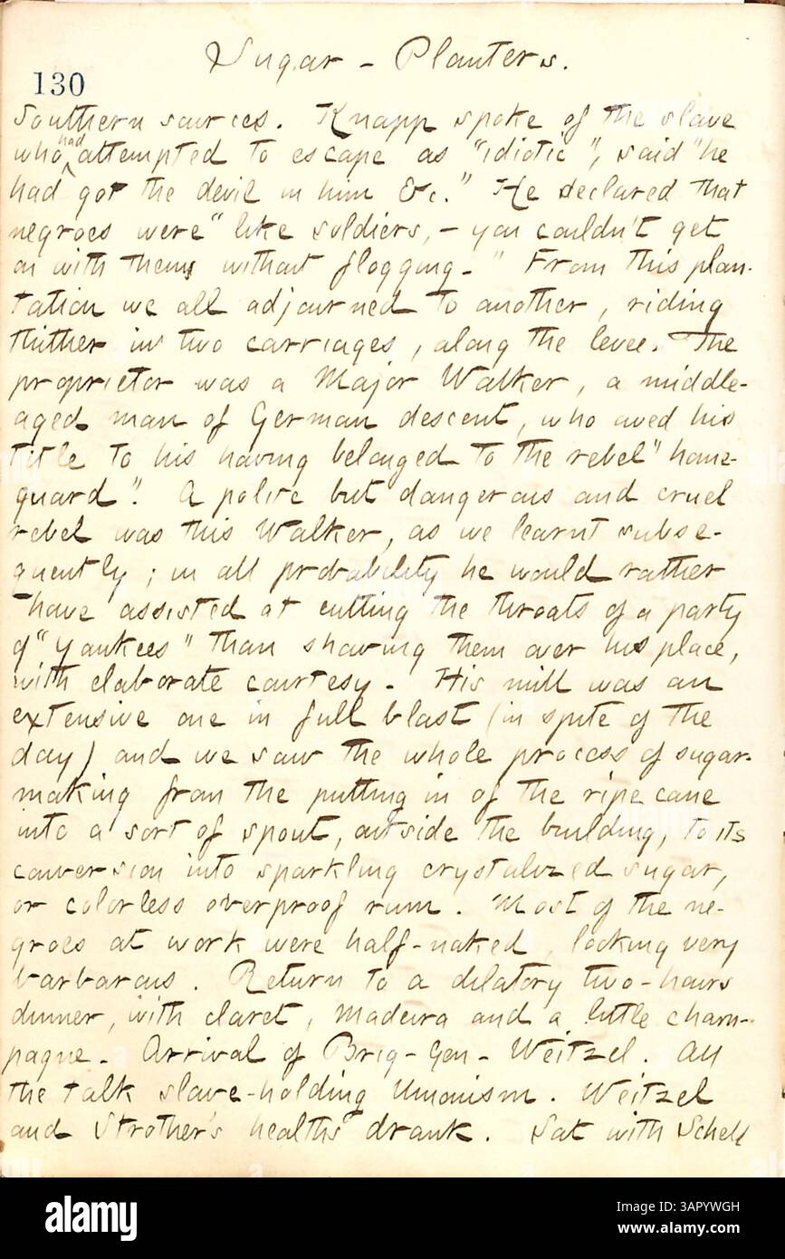 Thomas Butler Gunns Tagebucheintrag vom 28. Dezember 1862 beschreibt einen Besuch auf einer Zuckerplantage in Louisiana, wobei er ein Gespräch mit einem Plantagenbesitzer über den Fluchtversuch eines Sklaven und den harten Blick des Besitzers auf Sklaven hervorhebt. Stockfoto